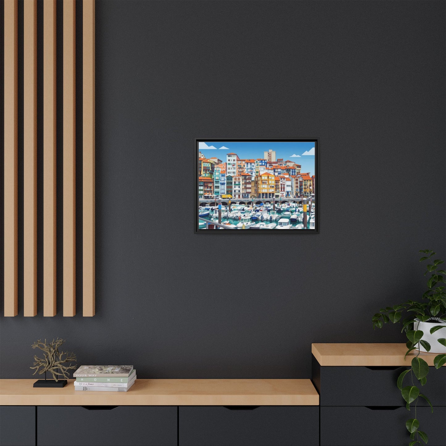 Framed Matte Canvas Print — Colorful Mediterranean Harbor Illustration