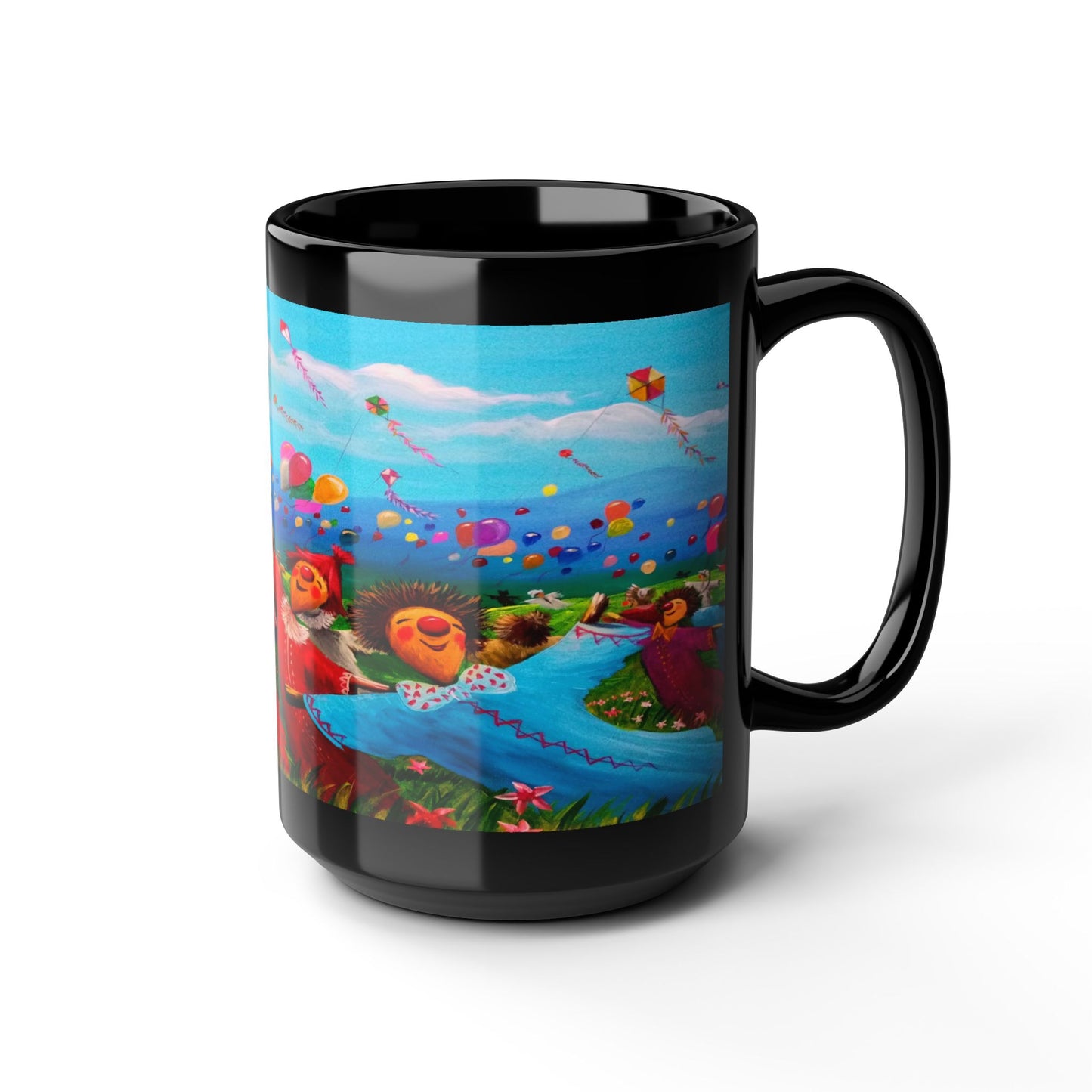 Black Ceramic Mug — Whimsical Kite Festival Art (11oz & 15oz)