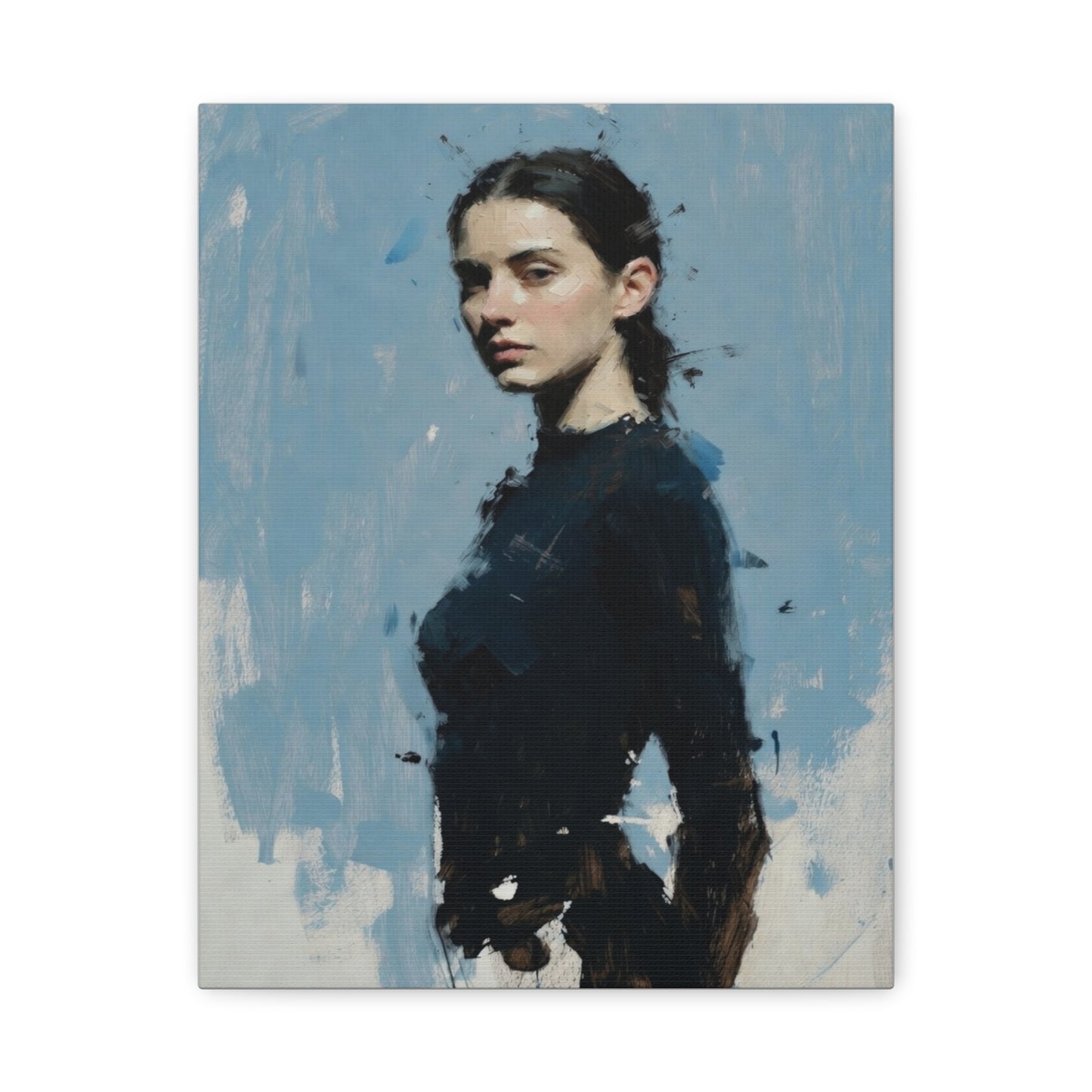 Matte Stretched Canvas Print — Portrait of a Young Woman, Moody Blue Figurative Art