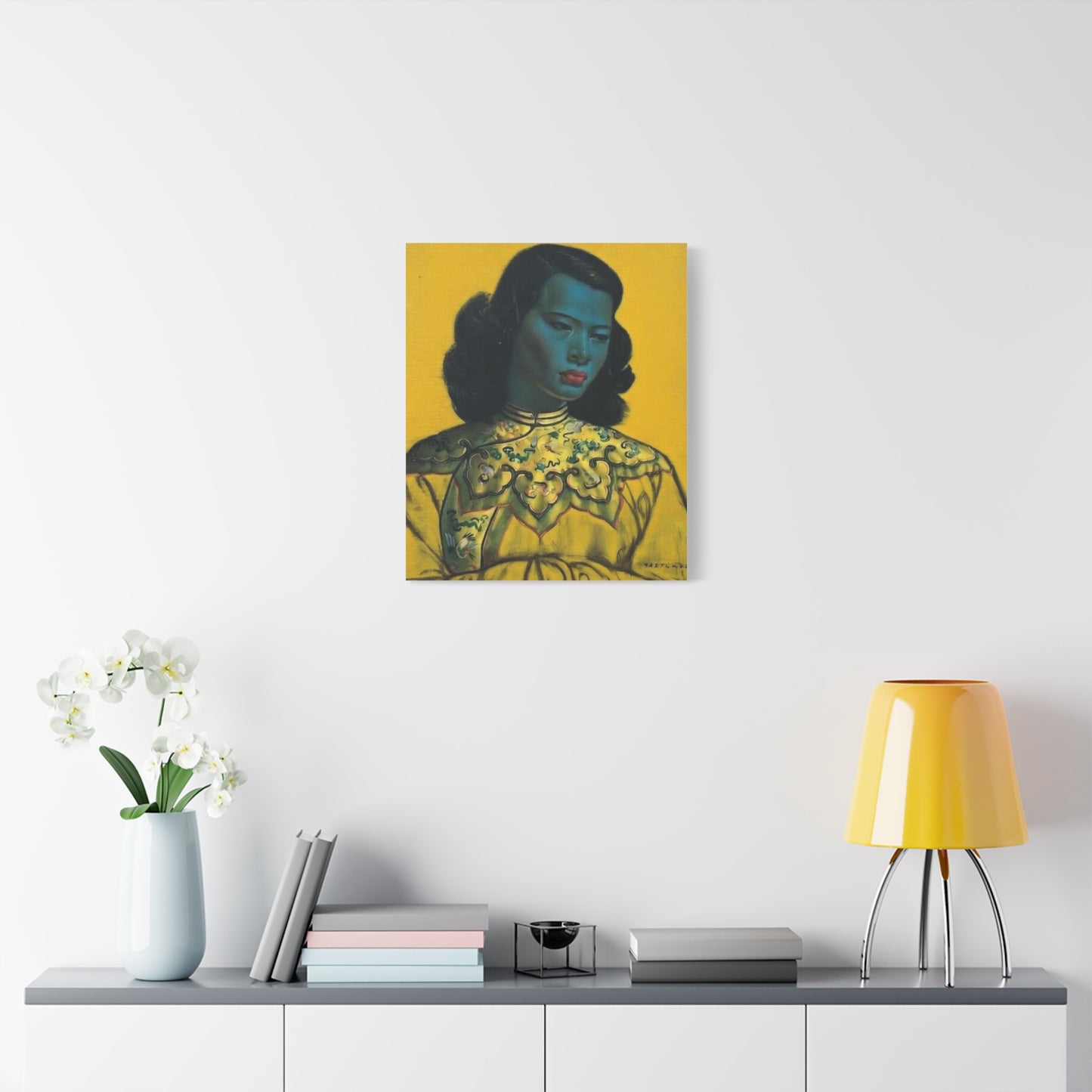 Vintage Portrait Canvas Print — Mid-Century Asian Woman Art on Yellow Background