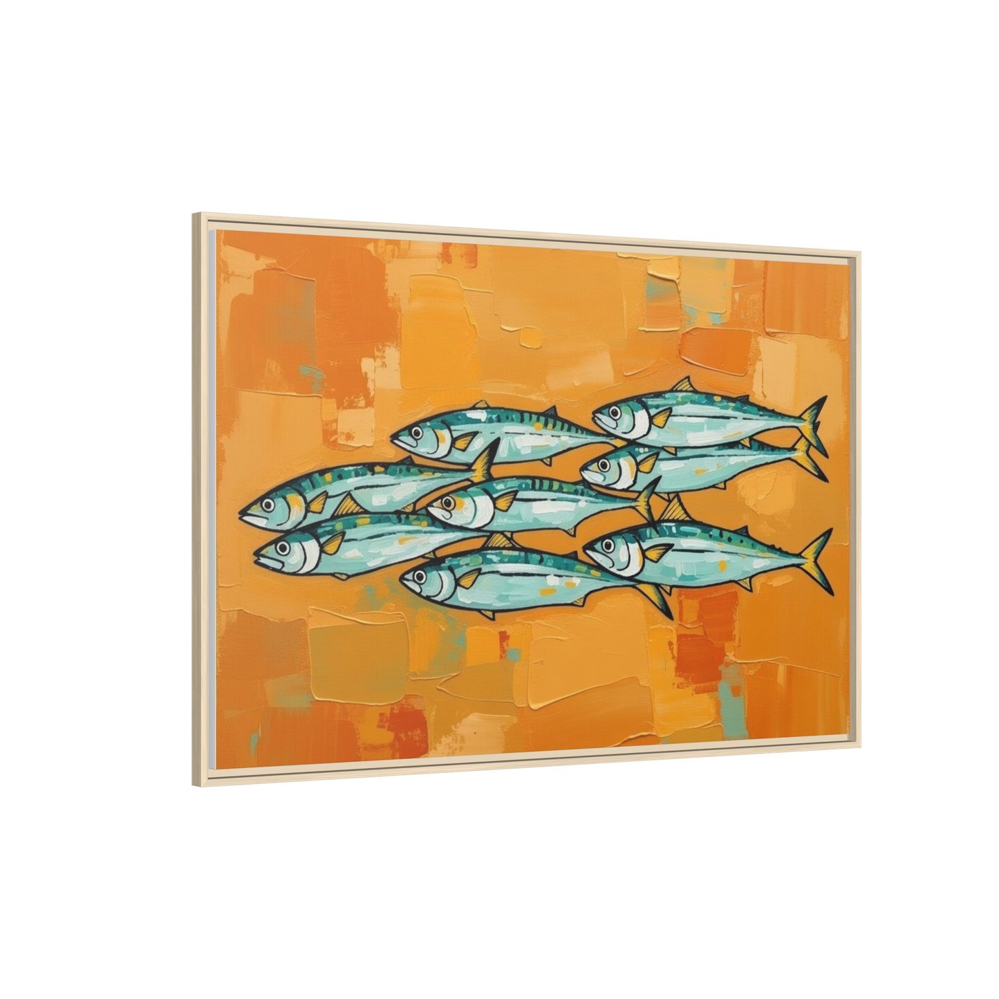 Framed Matte Canvas Print — School of Blue Fish on Orange Abstract Background