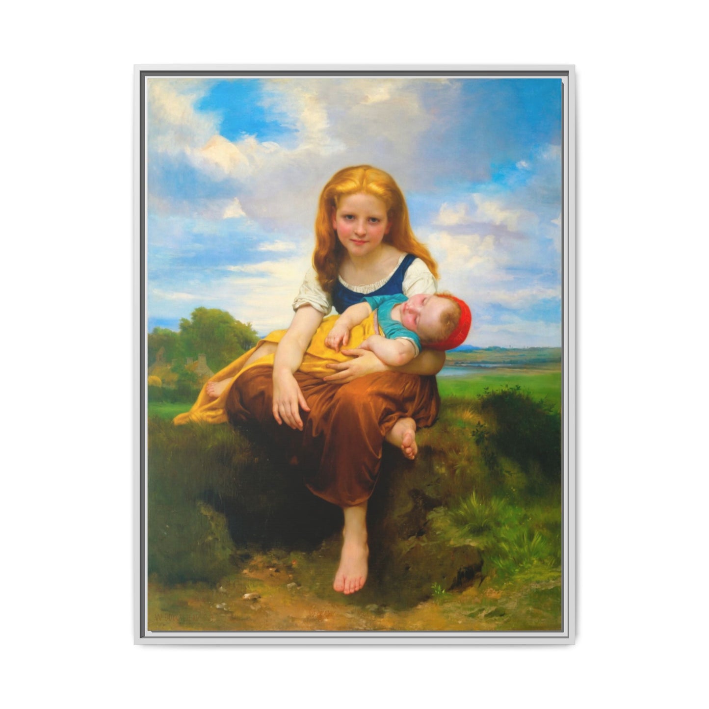 Young Girl Holding Sleeping Baby Canvas Print, Framed Wall Art