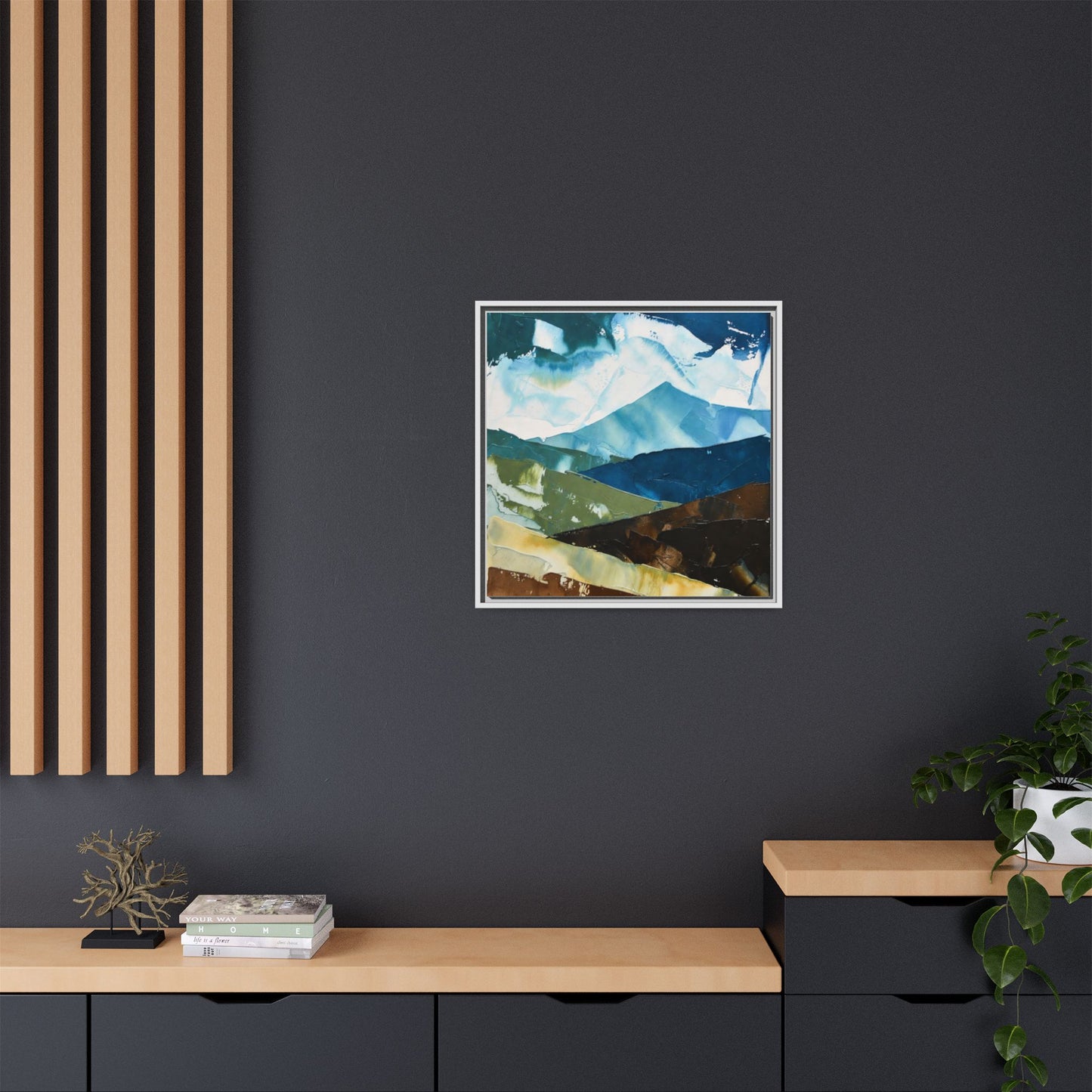 Framed Abstract Mountain Canvas Art — Blue & Earthtone Landscape Print