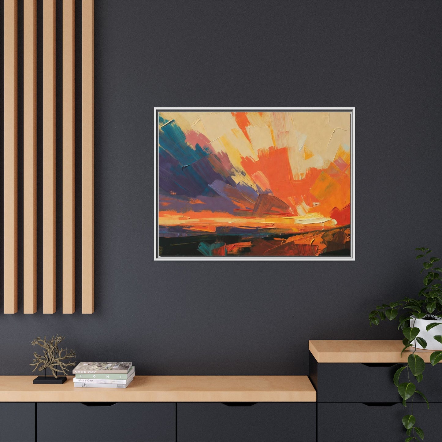 Framed Abstract Sunset Canvas Art – Multicolor Matte Wall Decor
