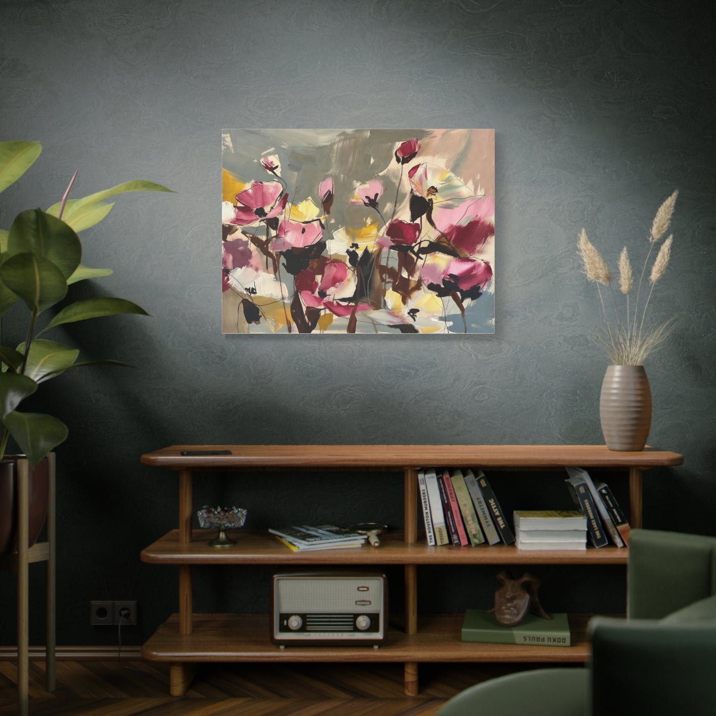 Floral Abstract Canvas Wall Art — Pink & Yellow Bloom Stretched Matte Print