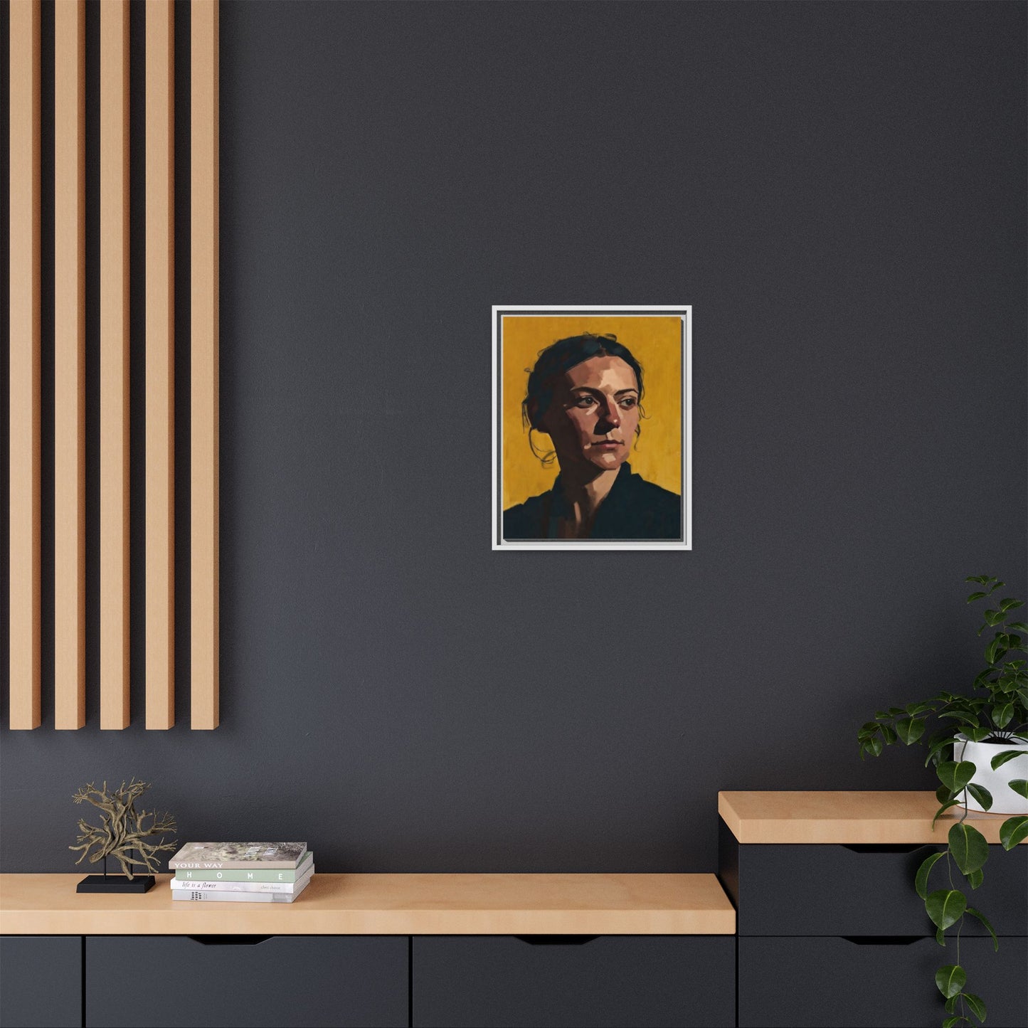 Framed Matte Canvas Portrait Art — Moody Woman on Mustard Background