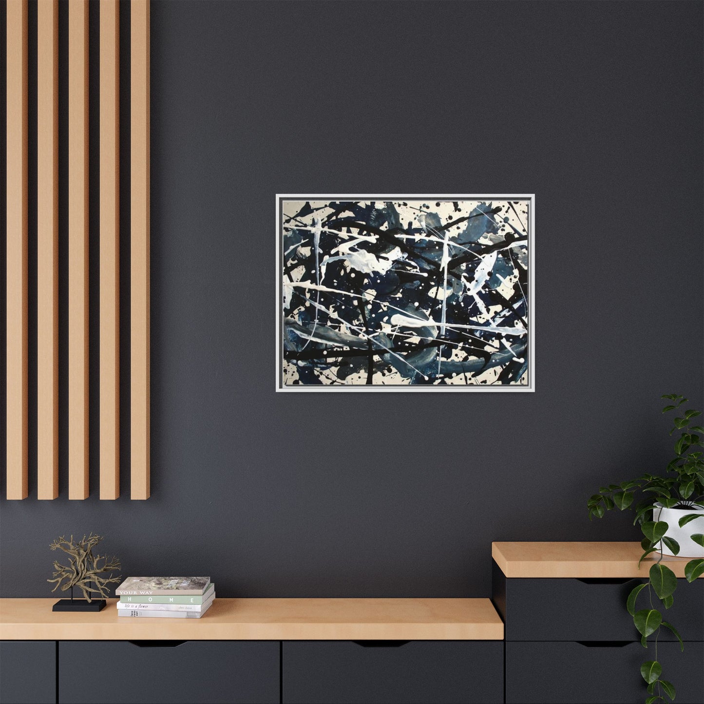 Abstract Splatter Matte Canvas Framed Wall Art — Black & Blue Modern Art Print