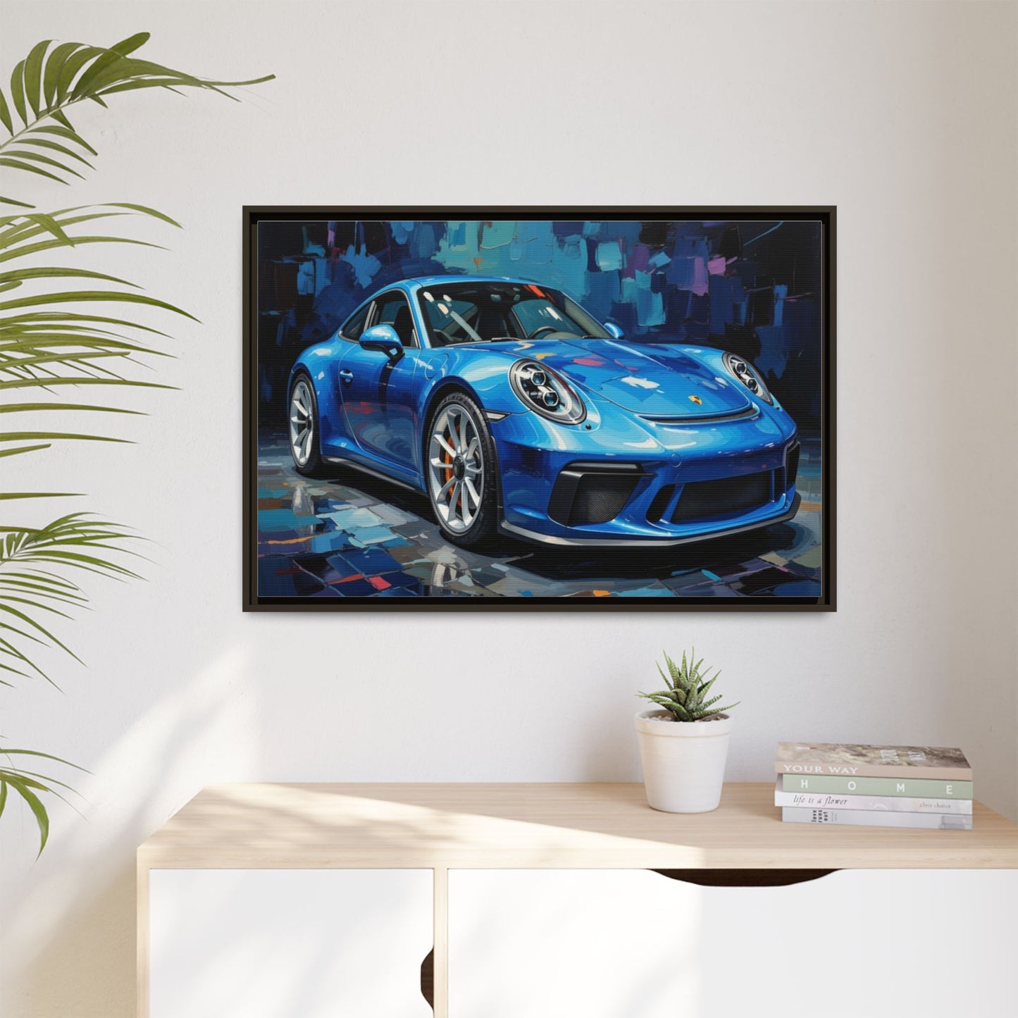 Blue Sports Car Matte Canvas Framed Print — Modern Automotive Wall Art