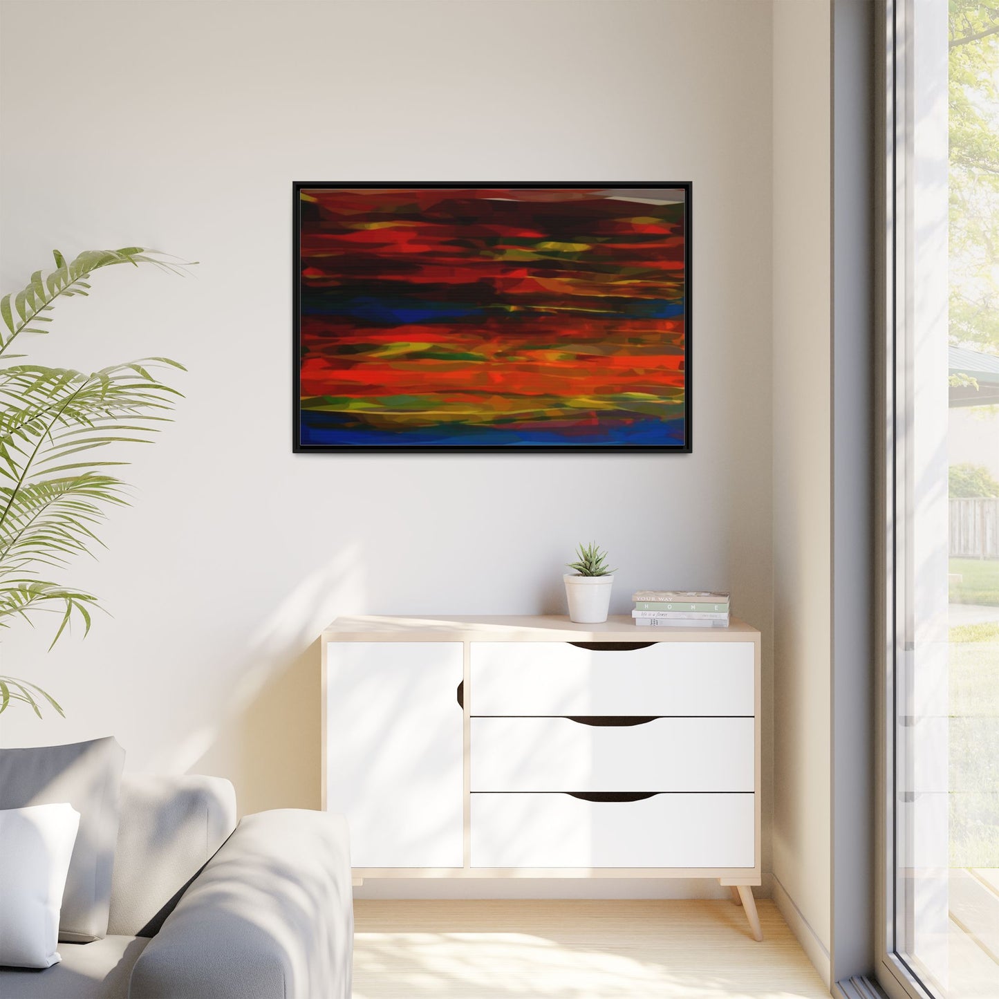 Abstract Multi-Color Matte Canvas Framed Wall Art — Bold Red & Blue Modern Painting