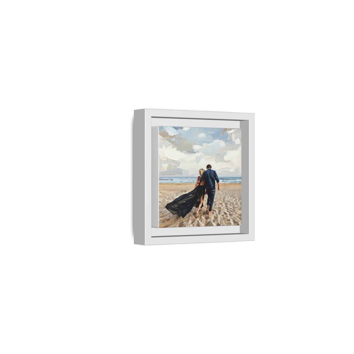 Framed Canvas Wall Art — Romantic Couple Walking on Beach Print