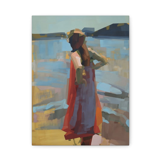 Coastal Stroll Matte Canvas Print — Abstract Woman in Red Dress, Stretched 1.25"