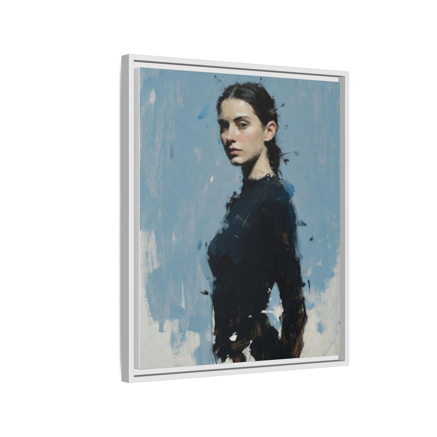 Framed Matte Canvas Portrait Print — Elegant Blue Woman Art