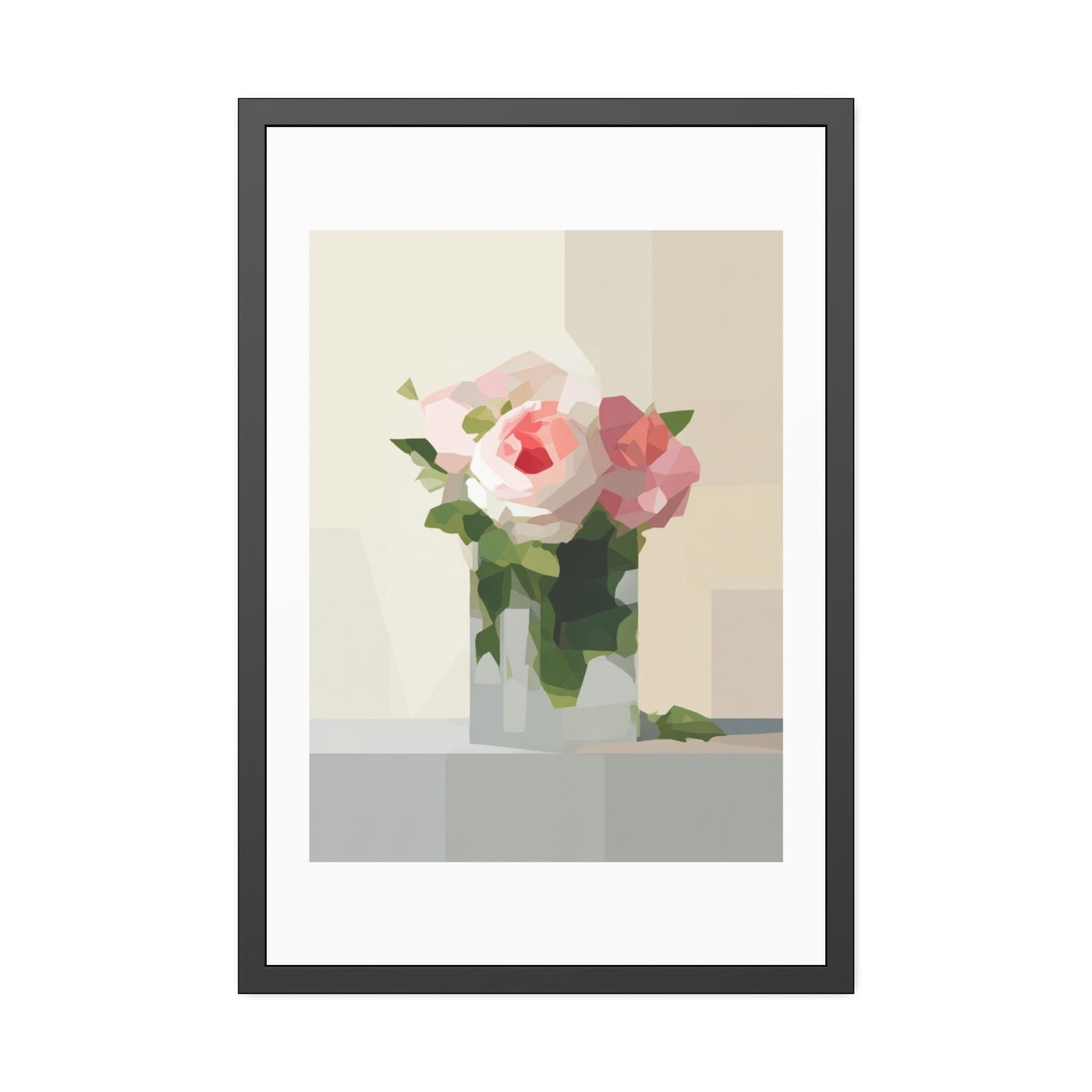 Framed Floral Poster — Geometric Pink Rose Wall Art
