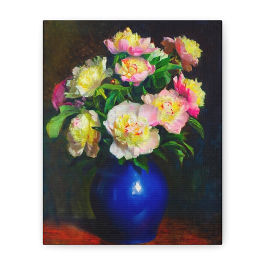 Peony Bouquet Canvas Print — Pink Peonies in Blue Vase, Stretched Matte Wall Art