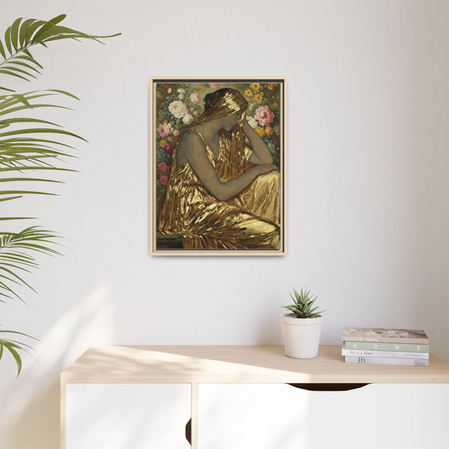 Framed Canvas Art Print — Golden Muse Woman with Floral Background