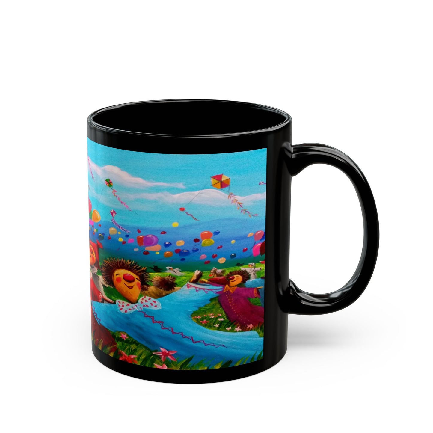 Black Ceramic Mug — Whimsical Kite Festival Art (11oz & 15oz)