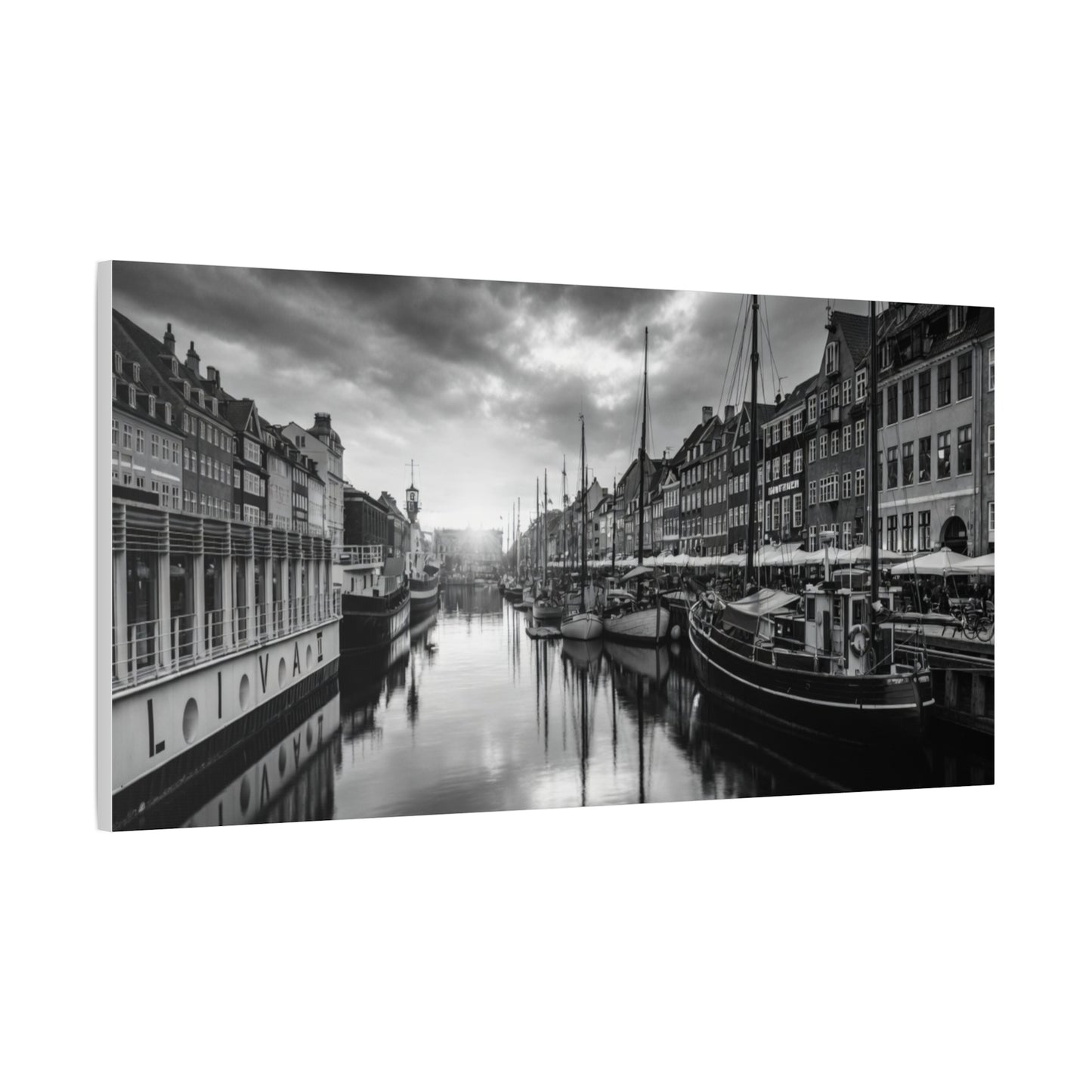 Black & White Harbor Canvas Print — Dramatic Copenhagen Cityscape Wall Art