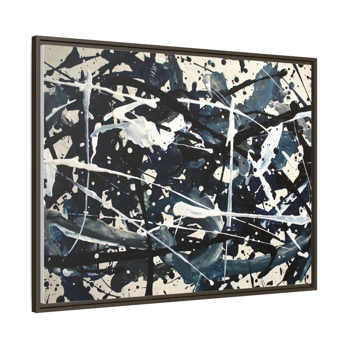 Abstract Splatter Matte Canvas Framed Wall Art — Black & Blue Modern Art Print