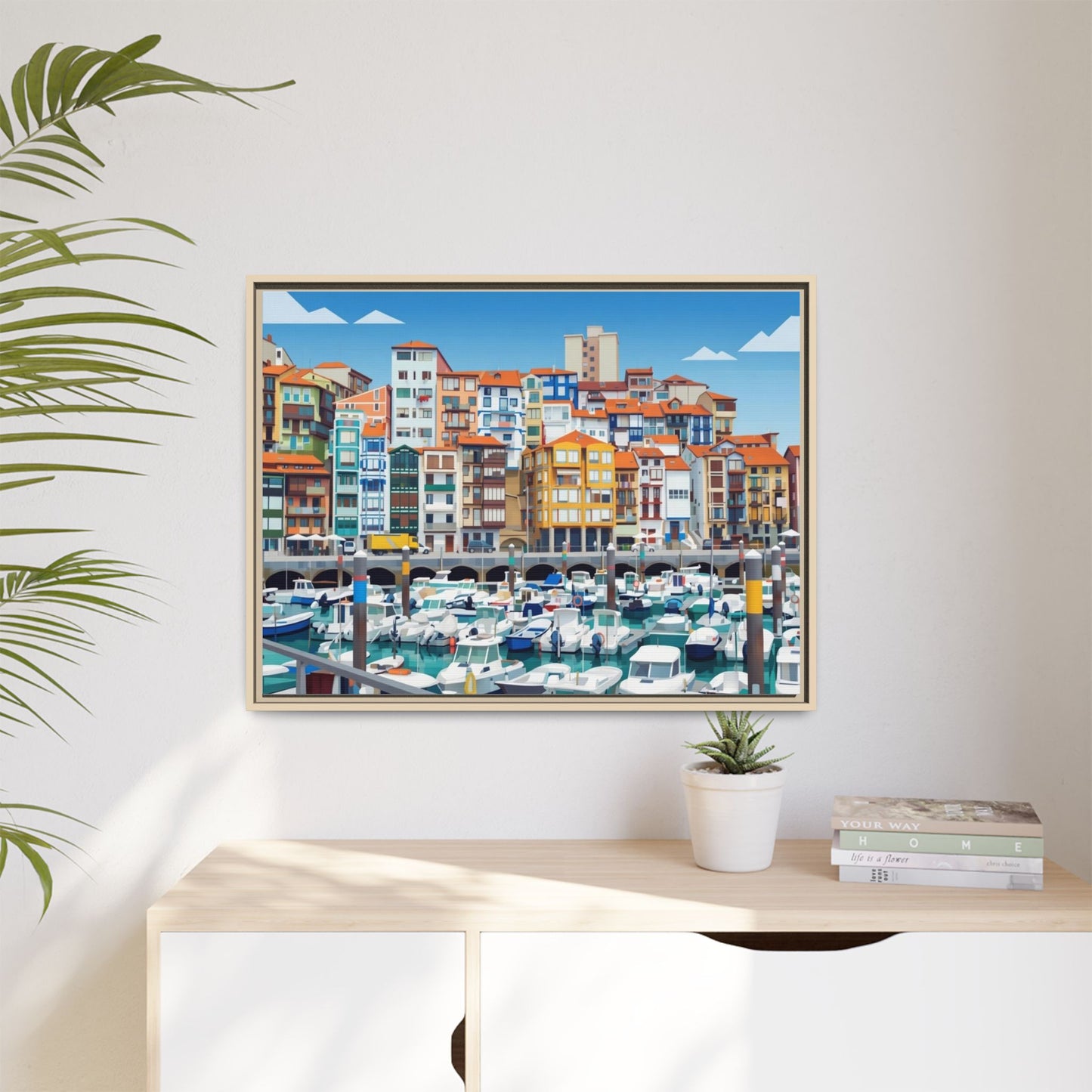 Framed Matte Canvas Print — Colorful Mediterranean Harbor Illustration