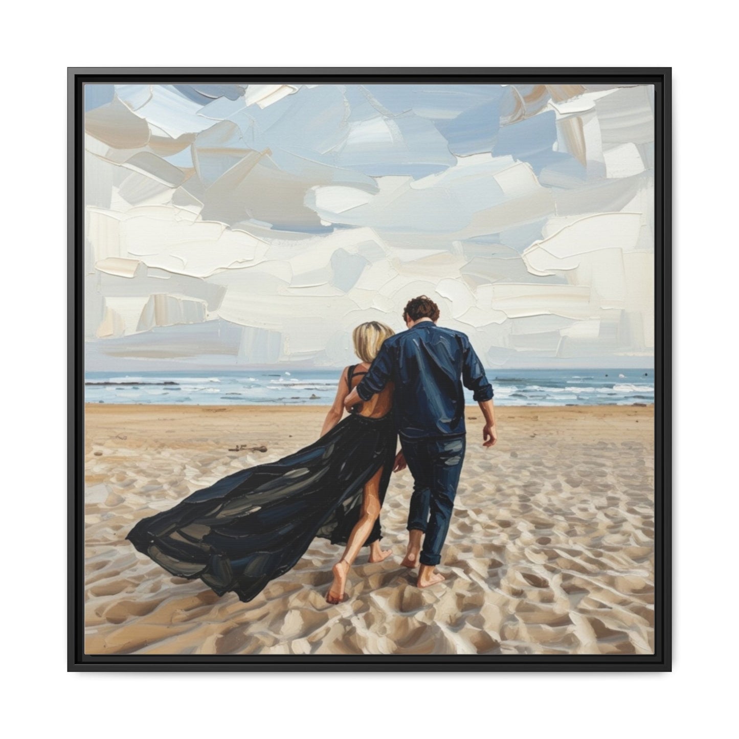 Framed Canvas Wall Art — Romantic Couple Walking on Beach Print