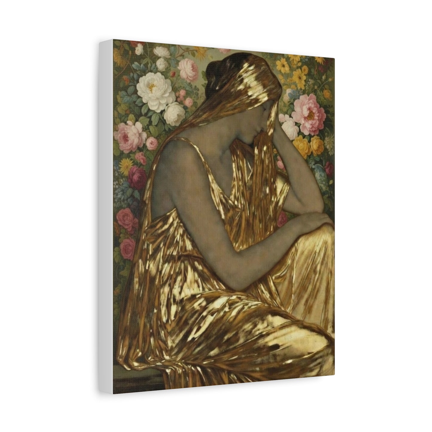 Golden Muse Canvas Print — Woman in Gold Floral Art (Stretched Matte)