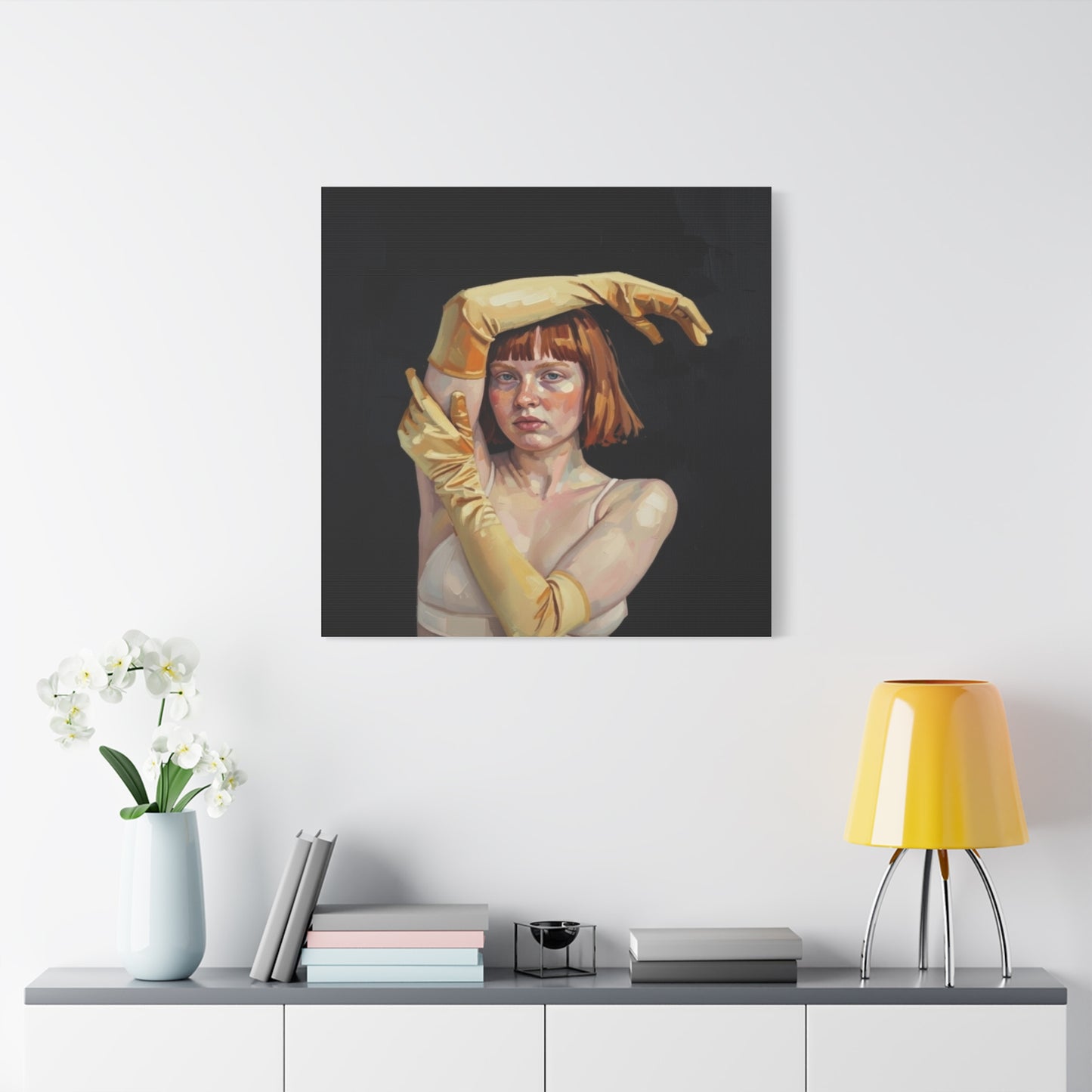 Contemporary Portrait Canvas — Redhead in Yellow Gloves Matte Stretched Art