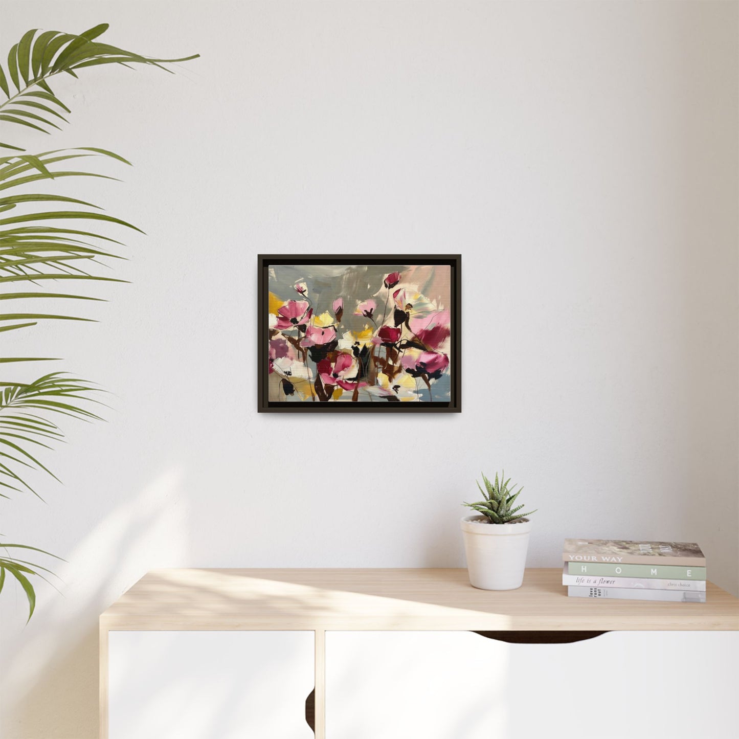 Framed Floral Canvas Wall Art — Abstract Pink & Yellow Flowers