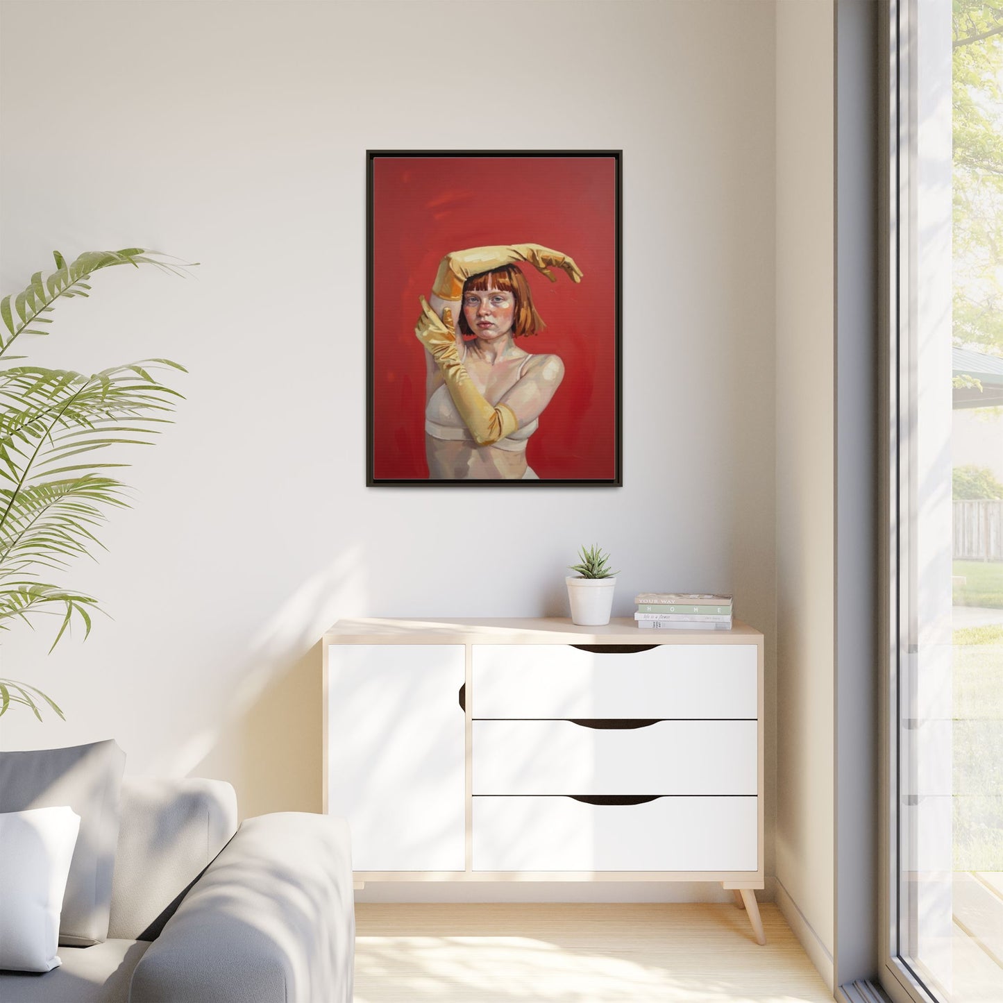 Framed Matte Canvas Art - Portrait of Woman in Yellow Gloves (Red Background)