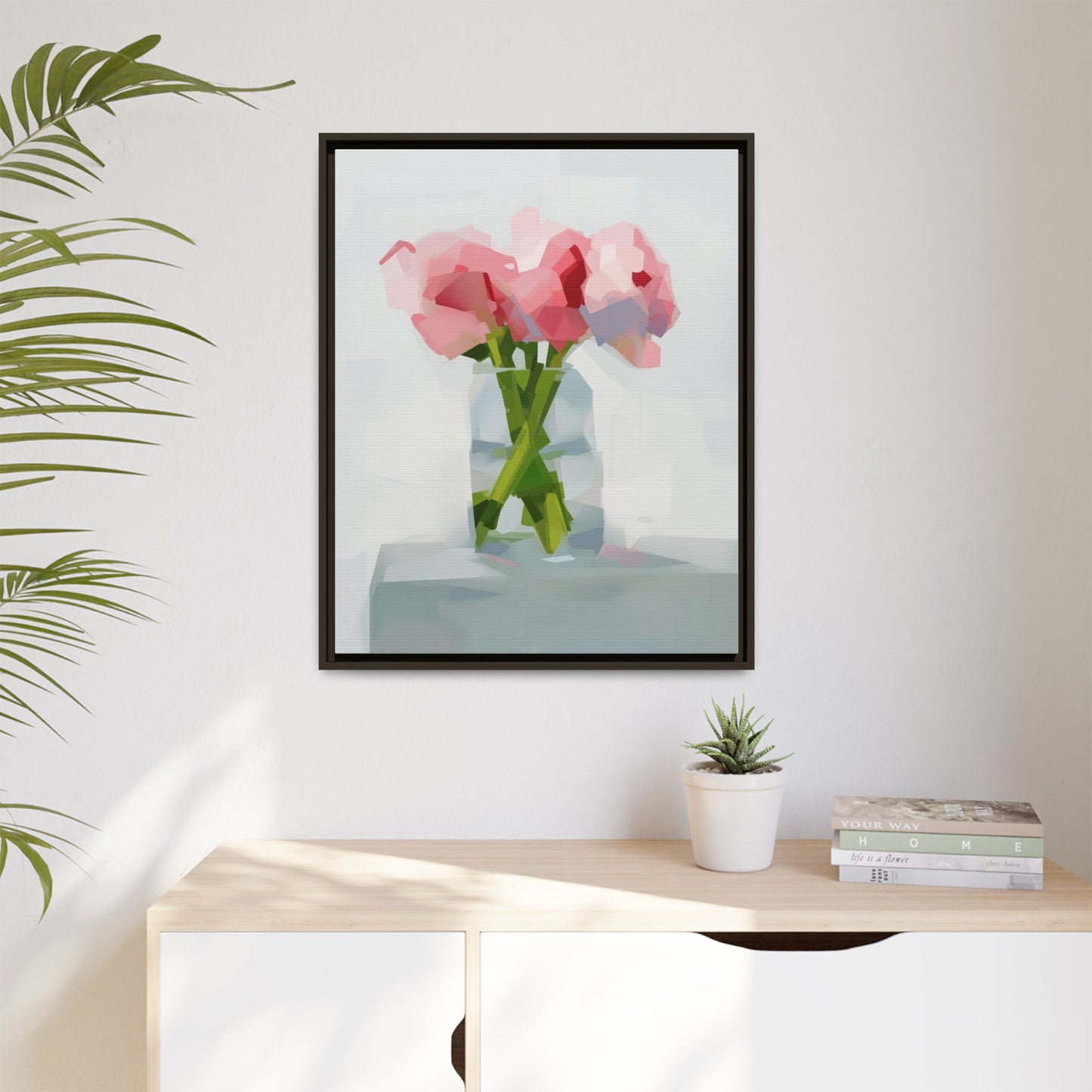 Framed Floral Canvas Art — Pink Peonies in Vase (Matte)