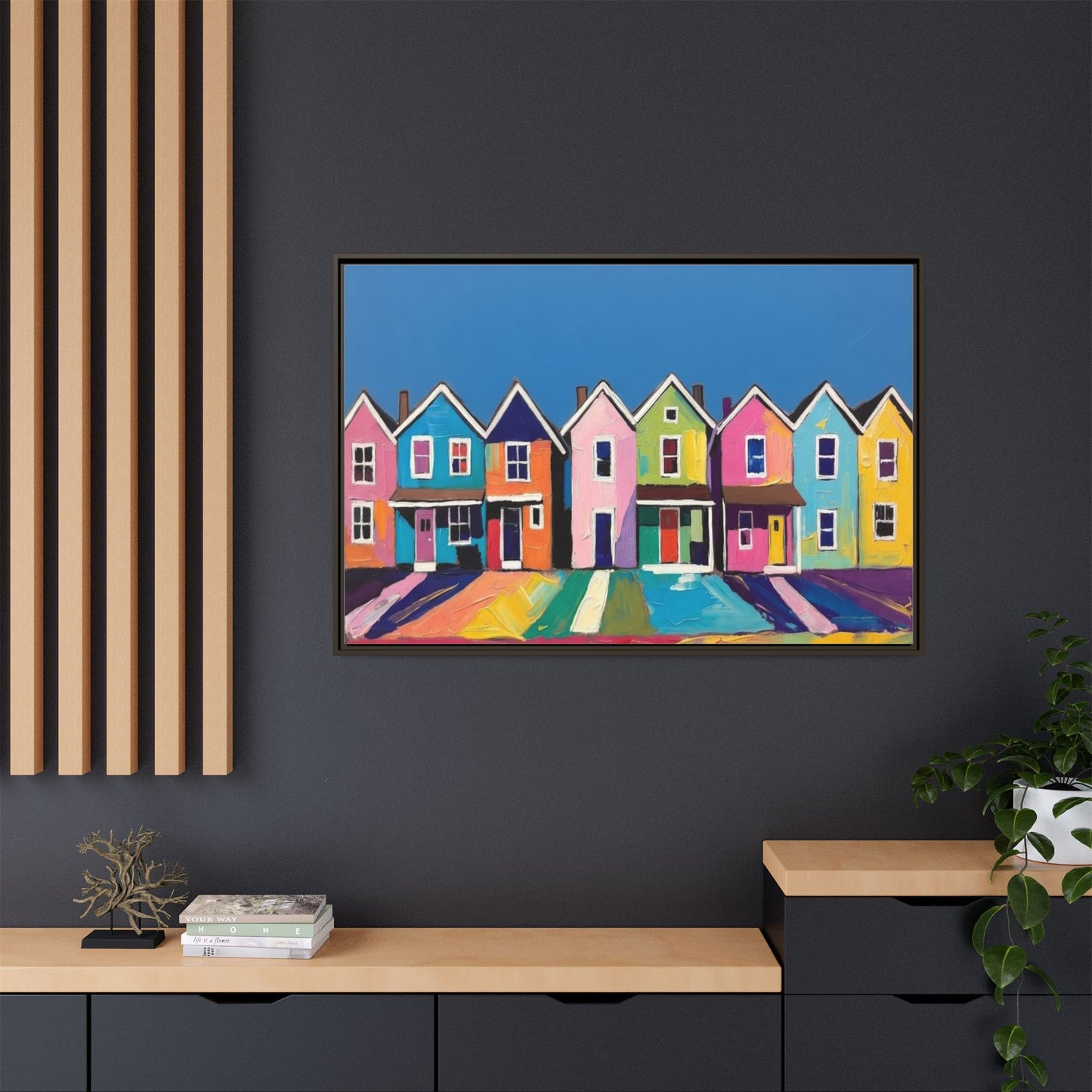 Colorful Beach Houses Matte Canvas Framed Wall Art