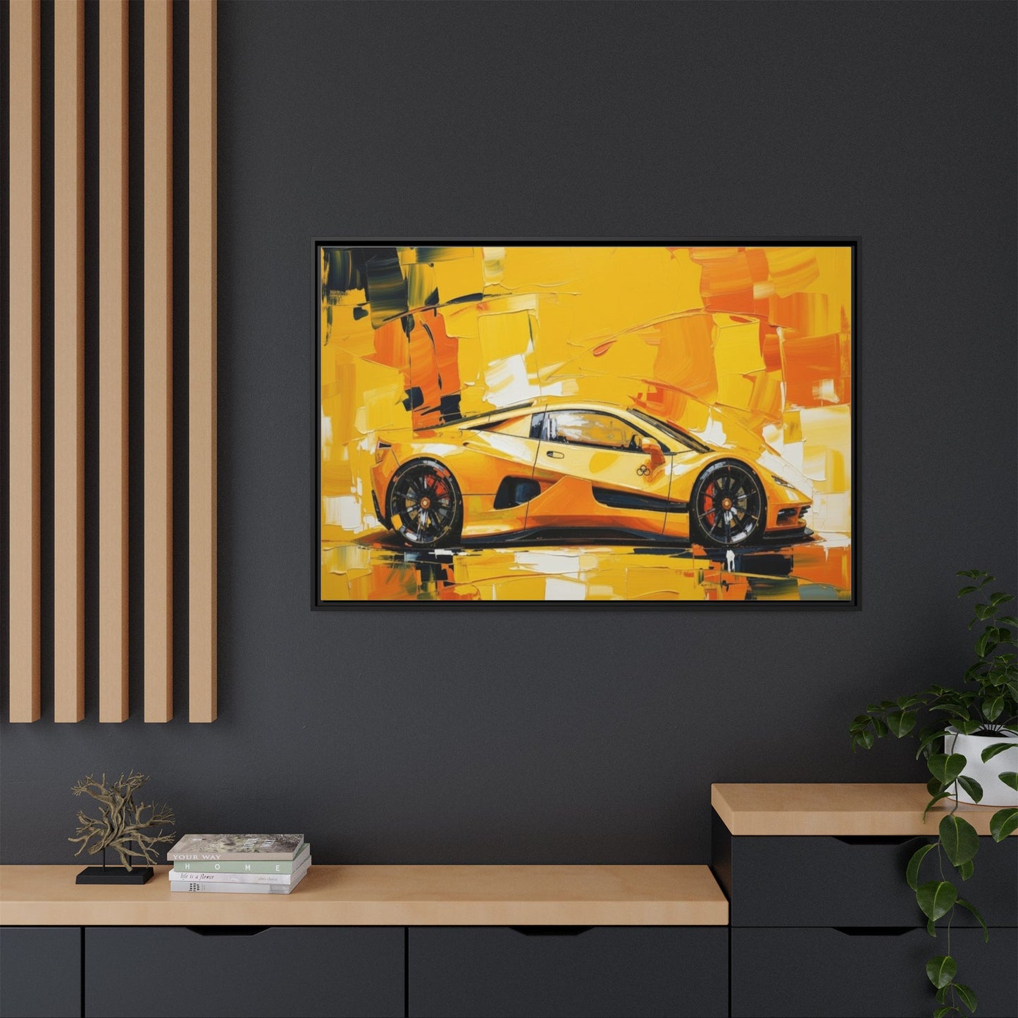 Yellow Sports Car Abstract Matte Canvas Framed Print