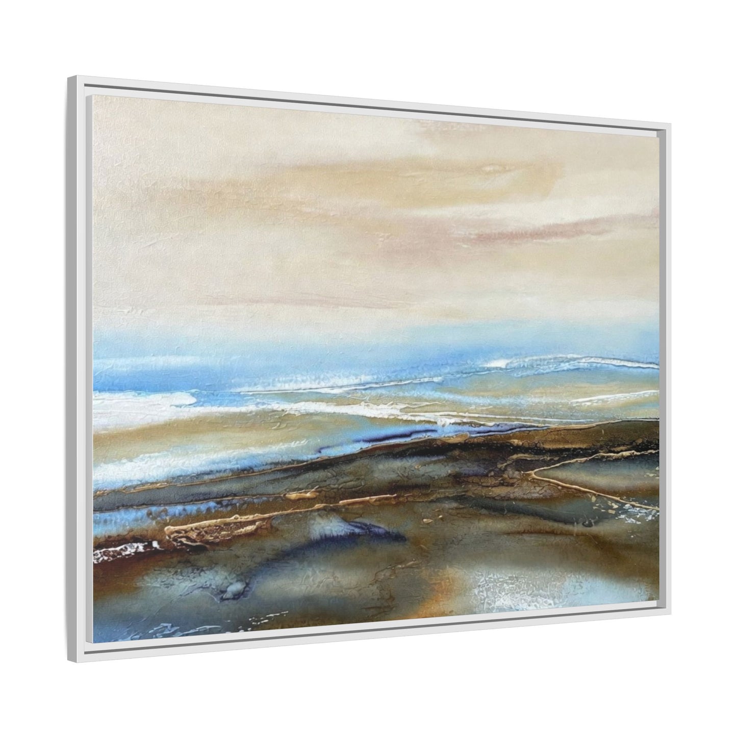Framed Abstract Seascape Matte Canvas — Coastal Blue & Earth Tone Wall Art