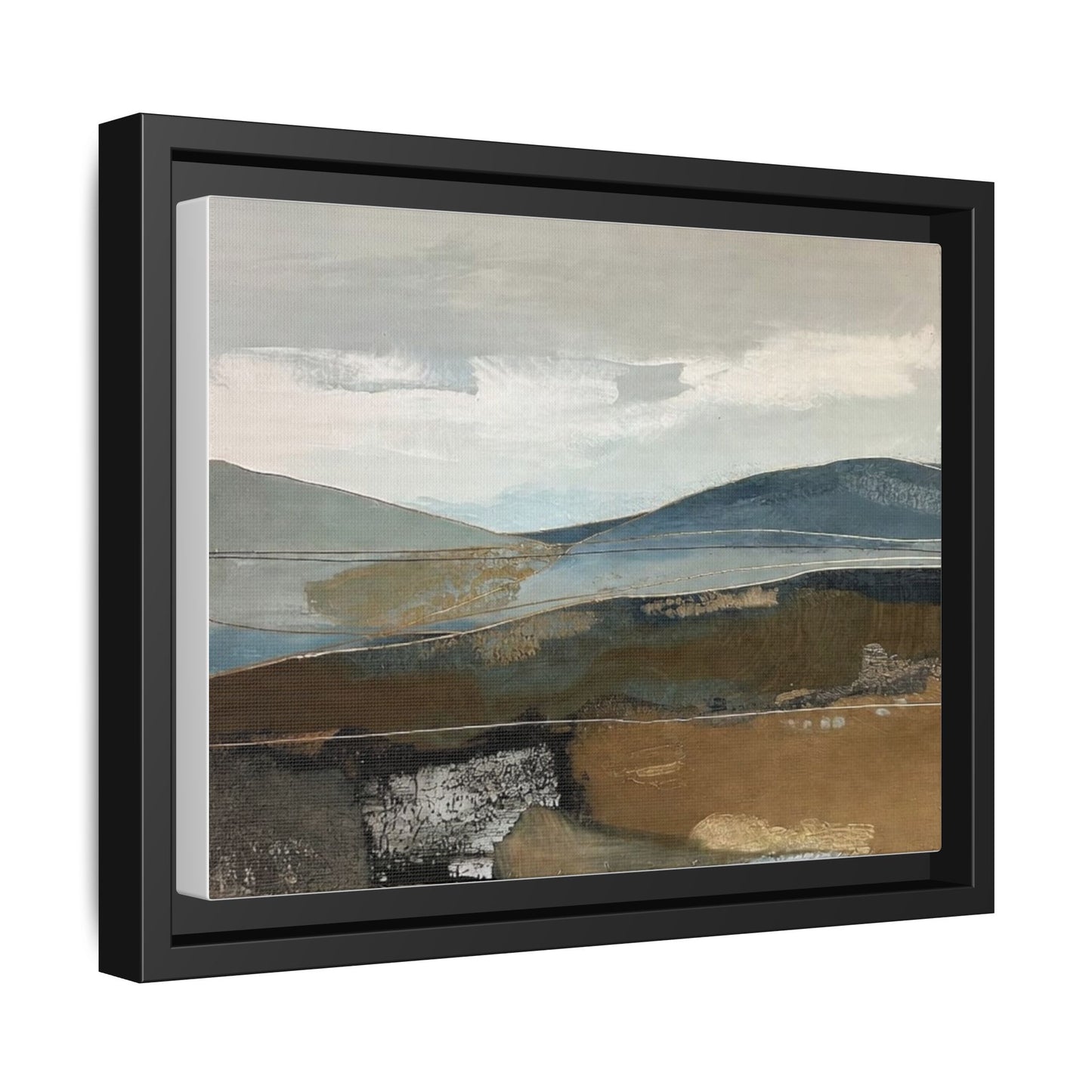 Framed Matte Canvas Landscape Art - Serene Abstract Hills in Blue & Earth Tones