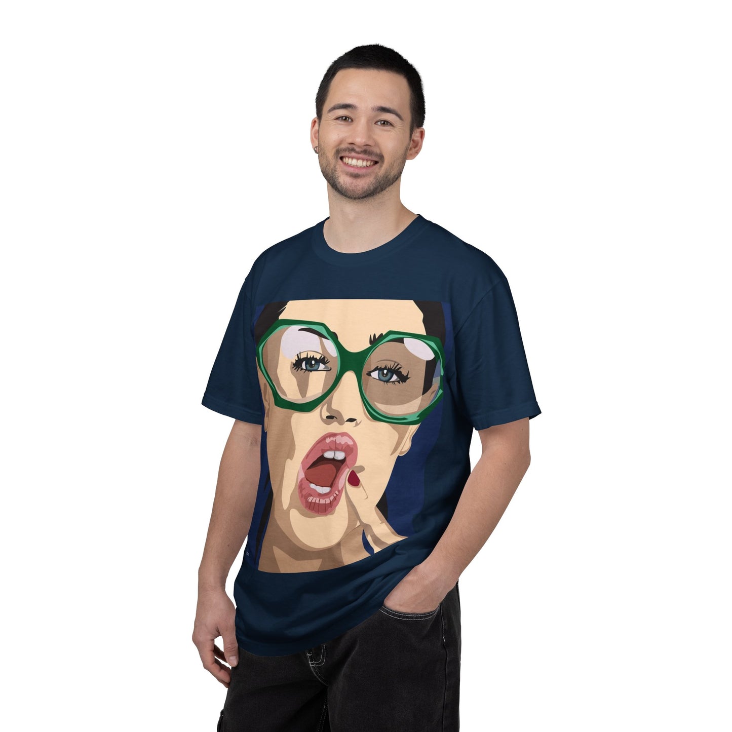 Pop Art Woman Graphic T‑Shirt — Retro Chic Green Glasses Design