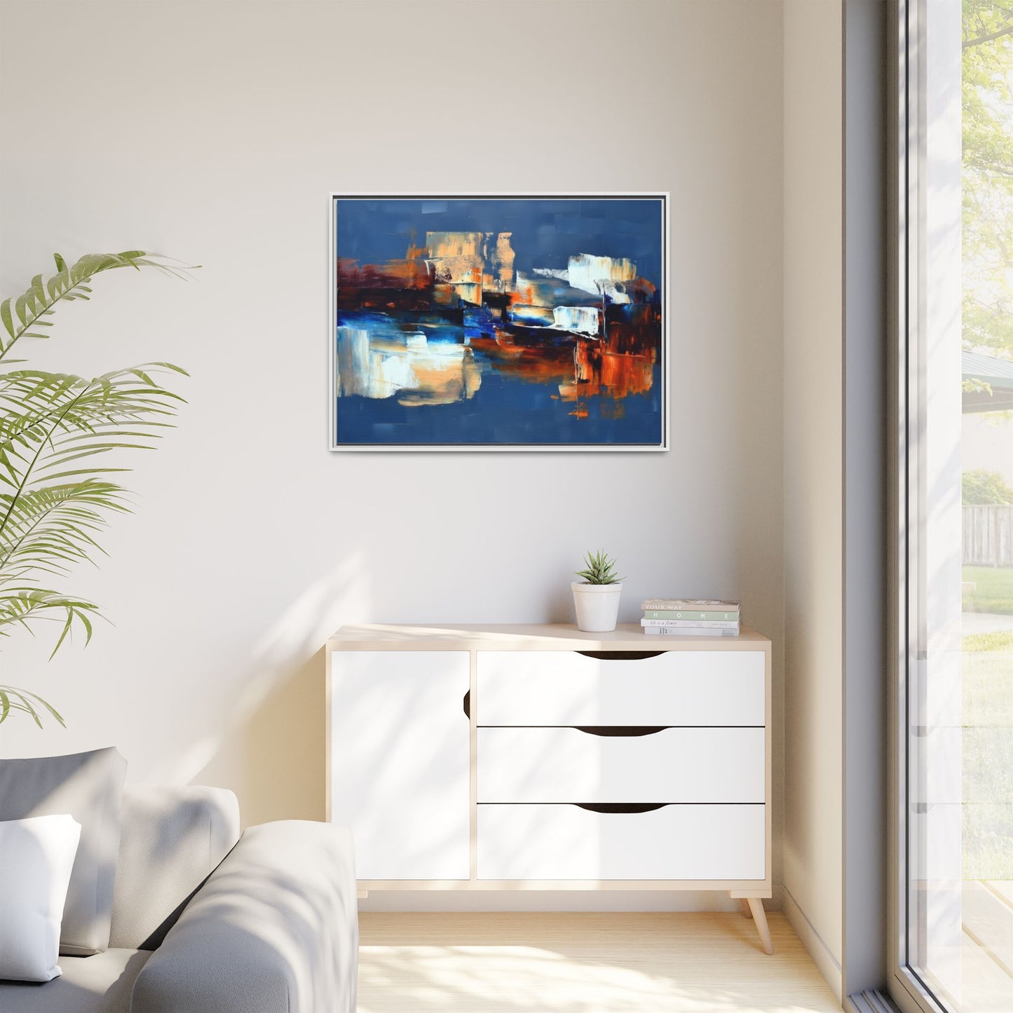 Abstract Blue & Rust Framed Canvas Art — Modern Matte Wall Painting