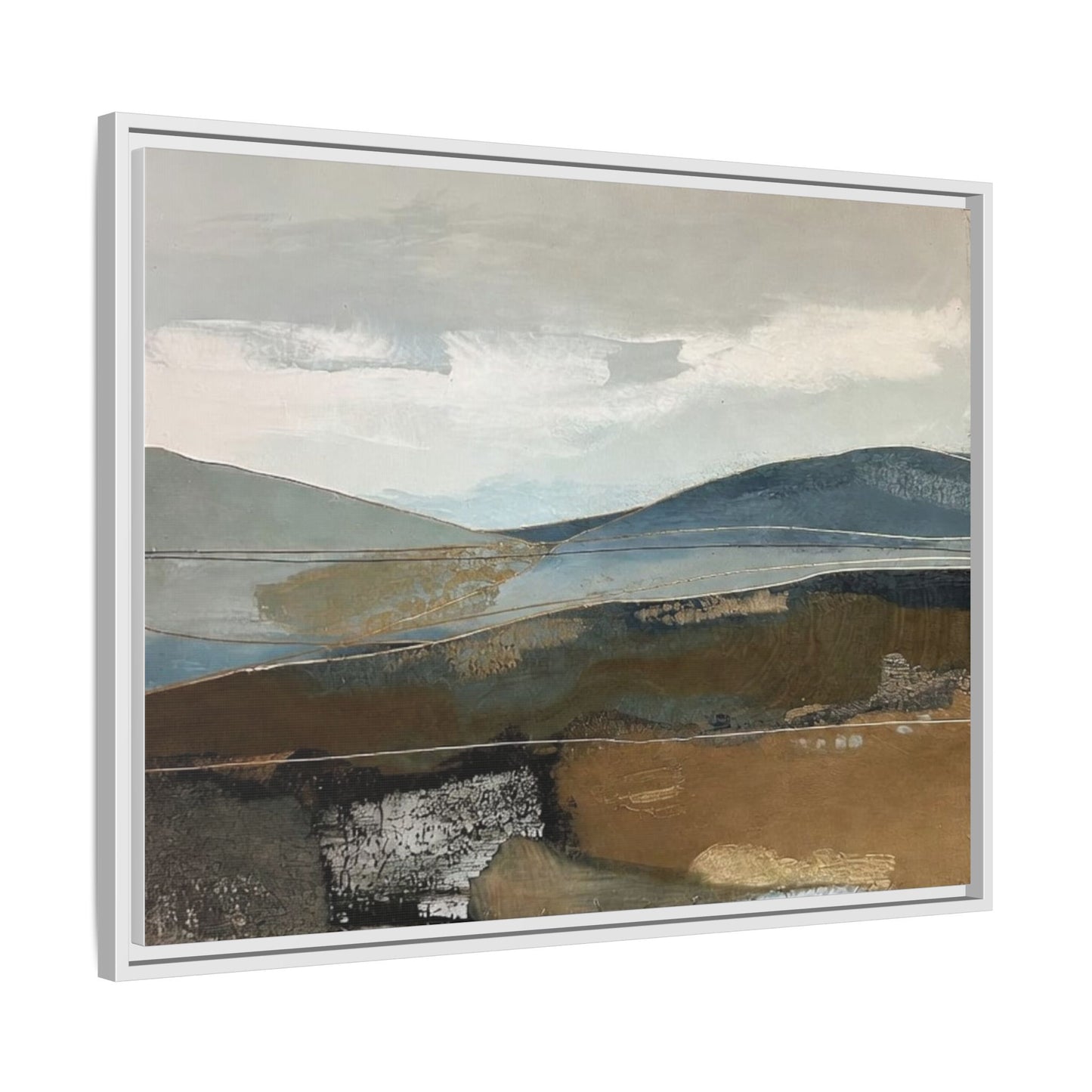 Framed Matte Canvas Landscape Art - Serene Abstract Hills in Blue & Earth Tones