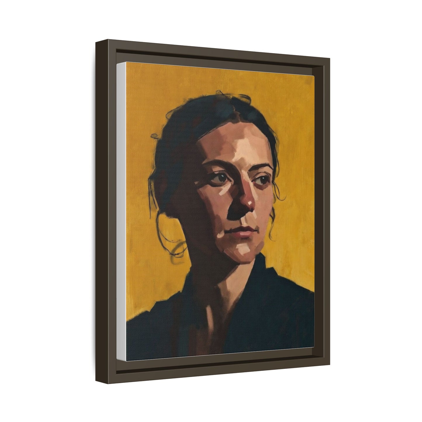 Framed Matte Canvas Portrait Art — Moody Woman on Mustard Background