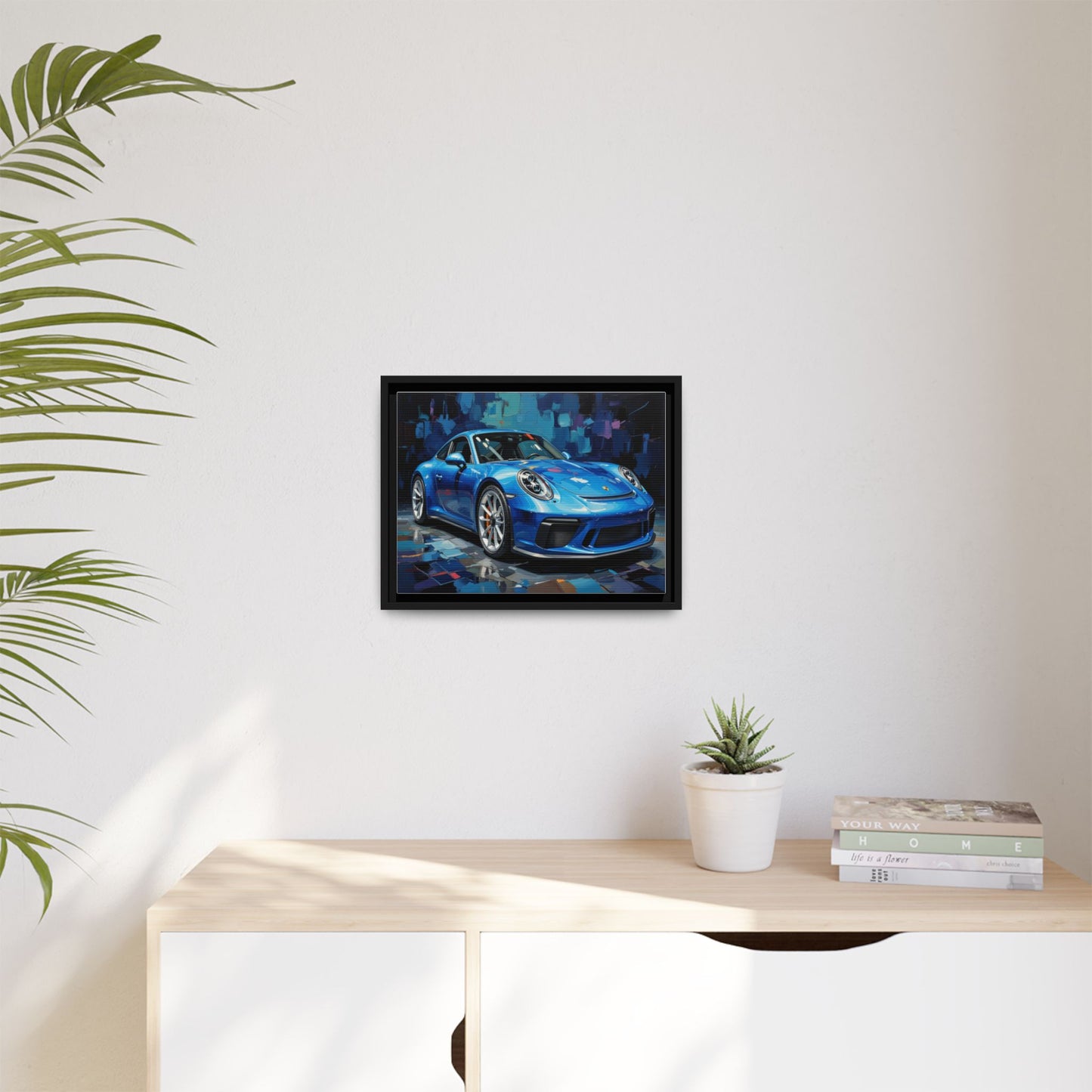 Blue Sports Car Matte Canvas Framed Print — Modern Automotive Wall Art