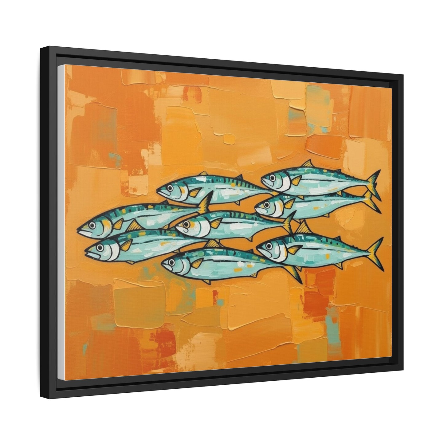 Framed Matte Canvas Print — School of Blue Fish on Orange Abstract Background