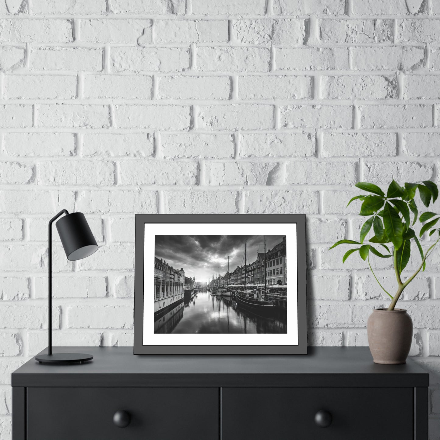 Black & White Dutch Canal Framed Photo Print — Nautical Cityscape Wall Art