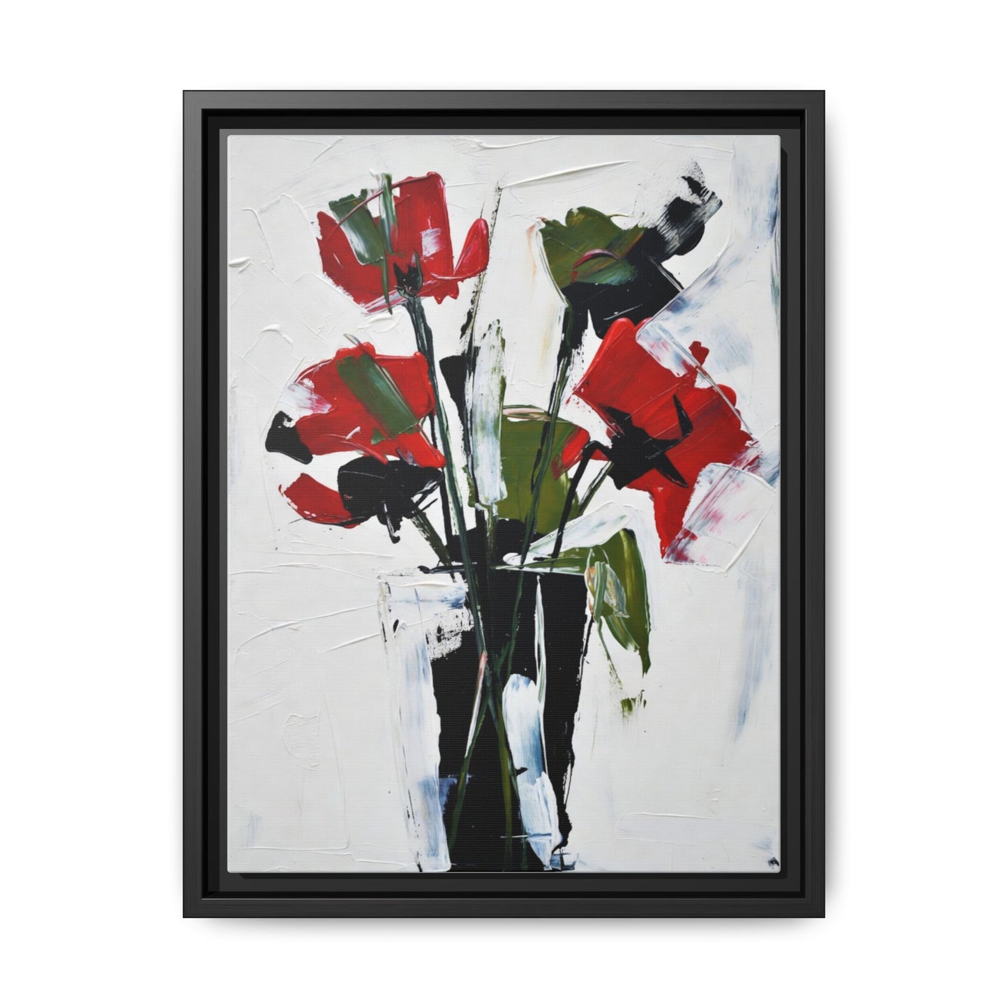 Framed Abstract Floral Canvas Print — Red Poppies in Black Vase