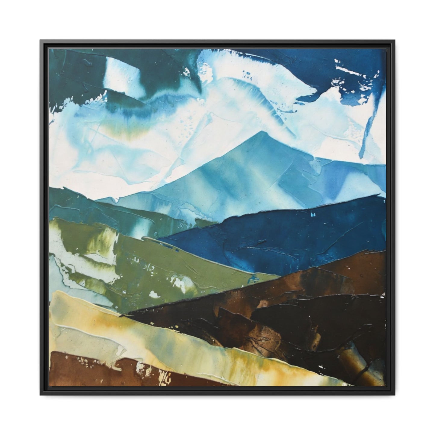 Framed Abstract Mountain Canvas Art — Blue & Earthtone Landscape Print