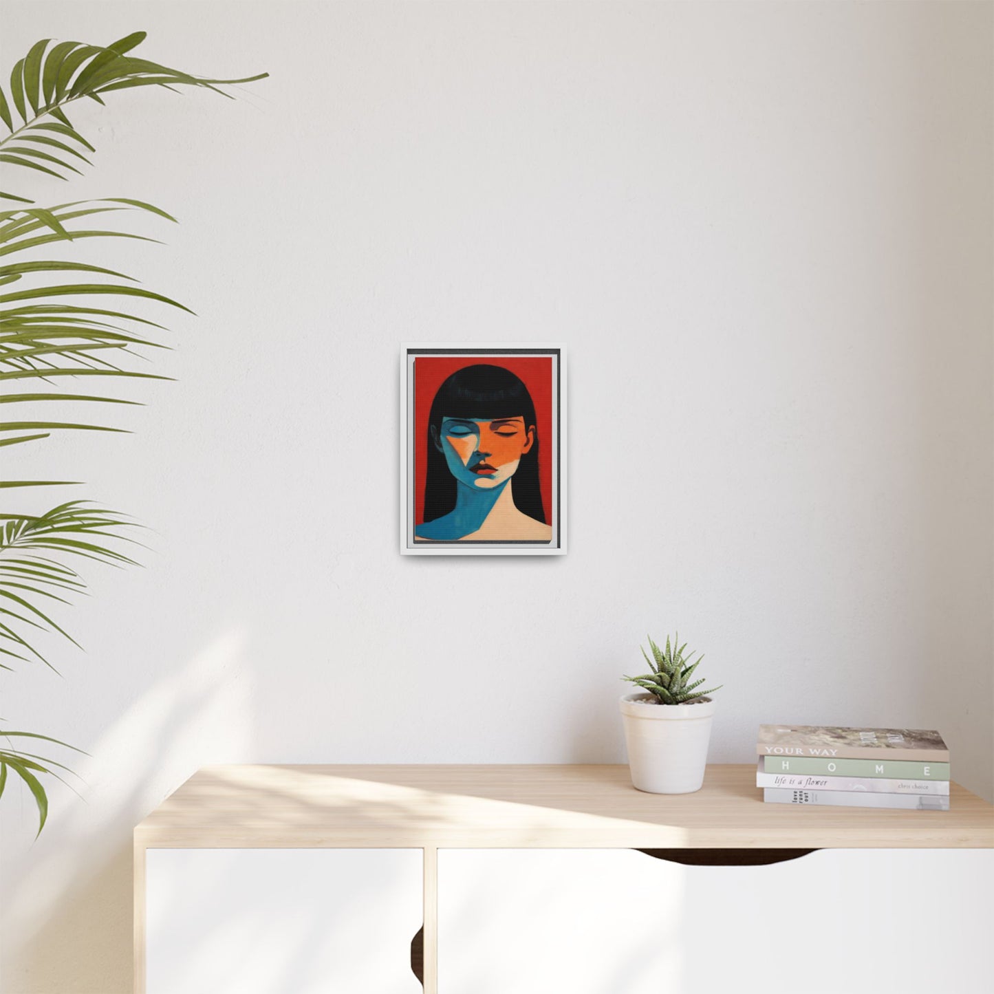 Framed Matte Canvas Art – Minimalist Portrait in Red & Teal