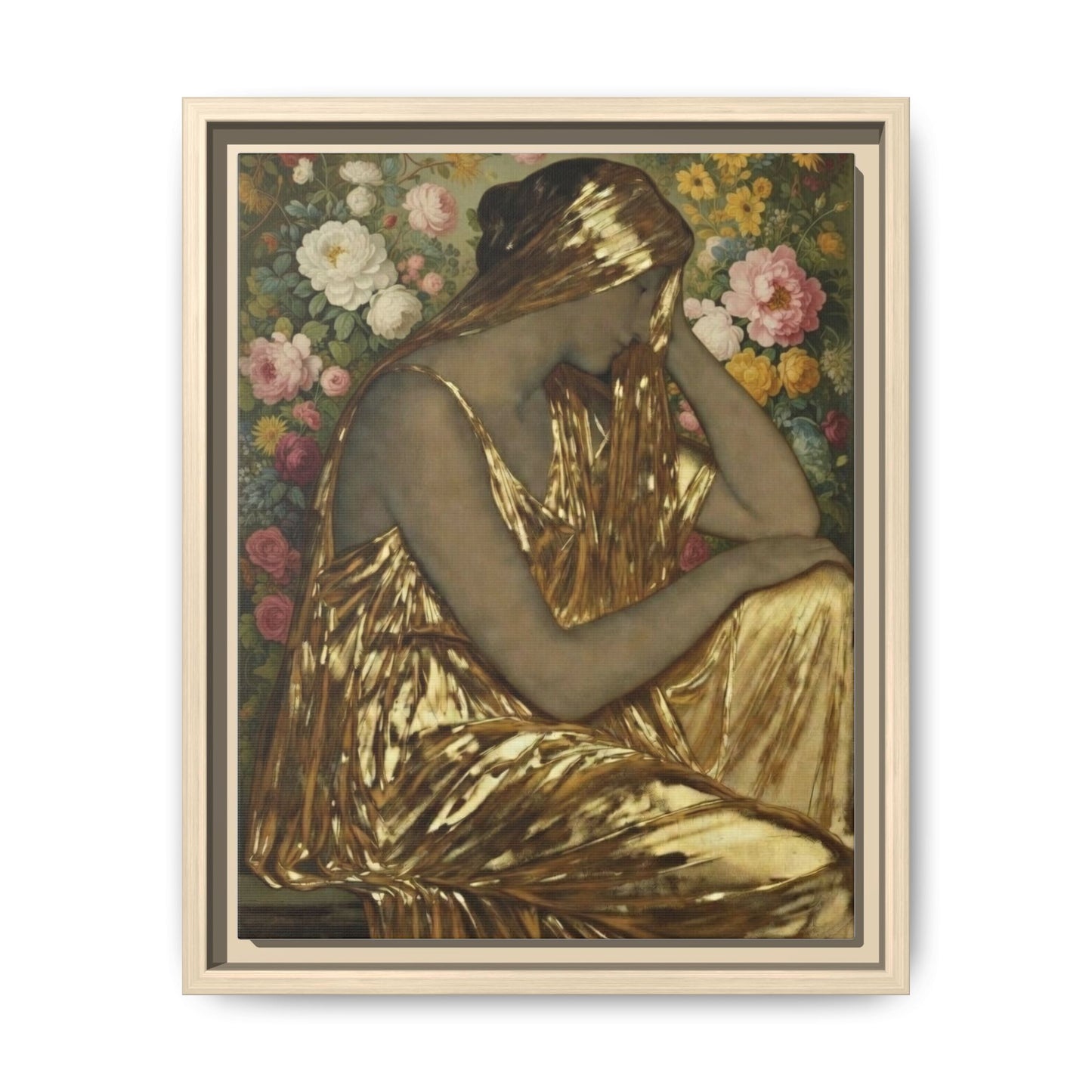 Framed Canvas Art Print — Golden Muse Woman with Floral Background