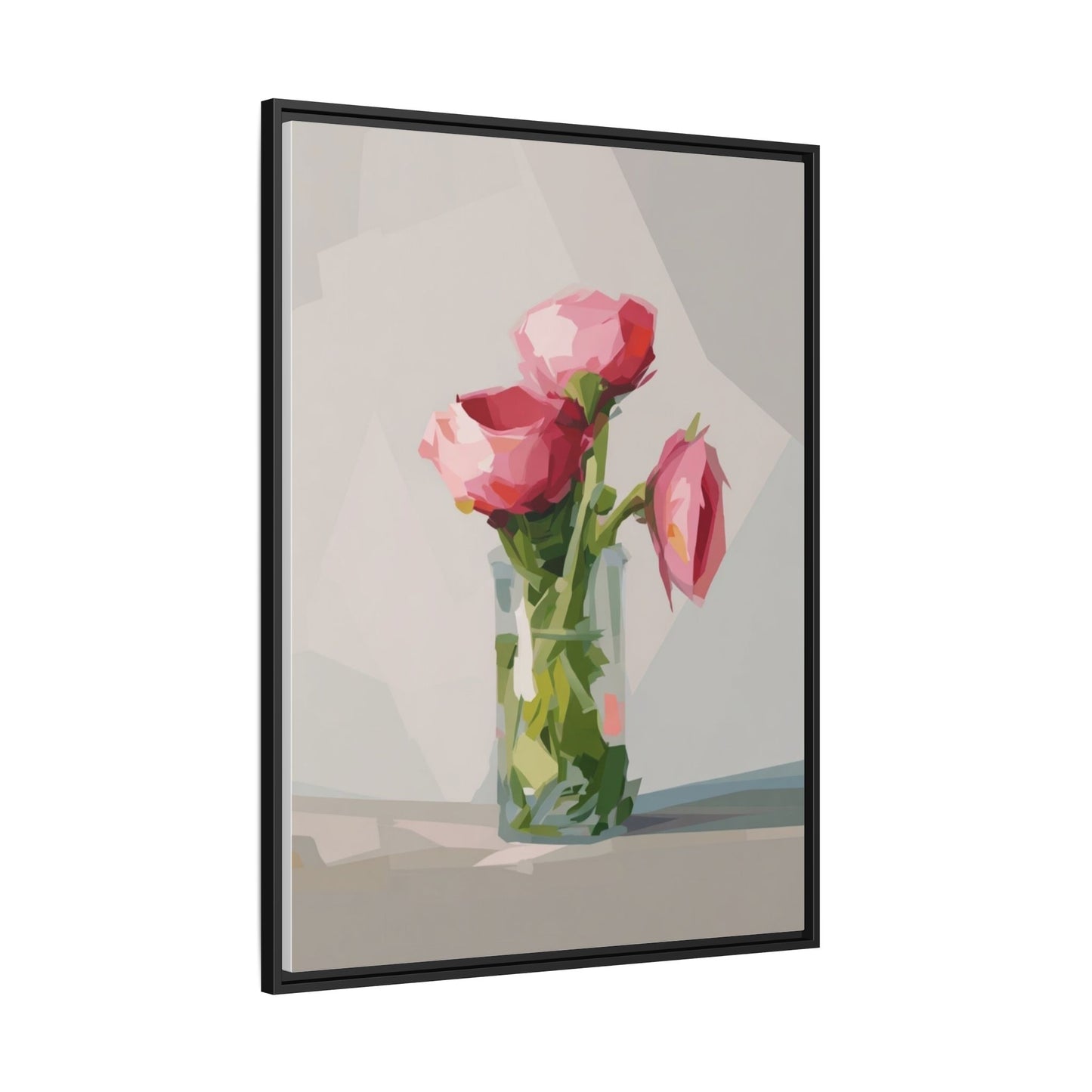 Framed Canvas Art — Pink Roses in Vase, Modern Floral Wall Print