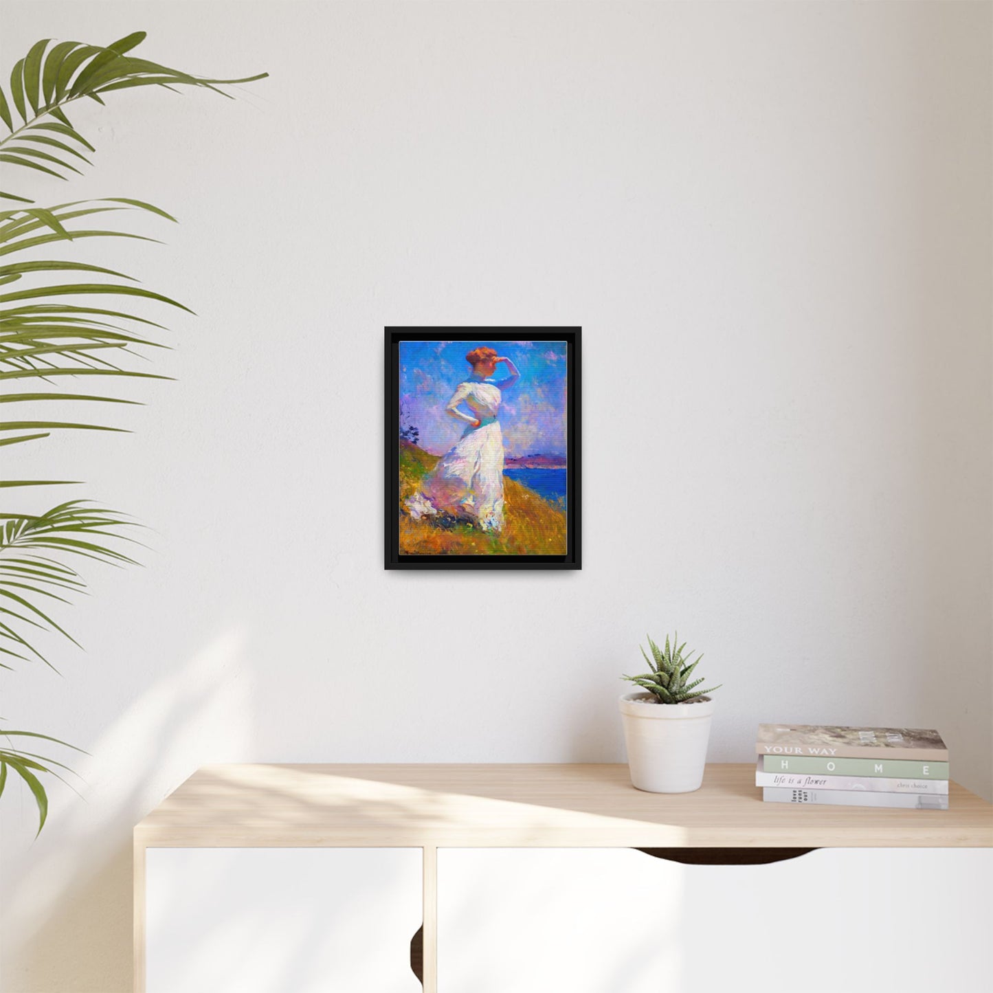 Framed Matte Canvas Art - Woman in White Seaside Impressionist Print