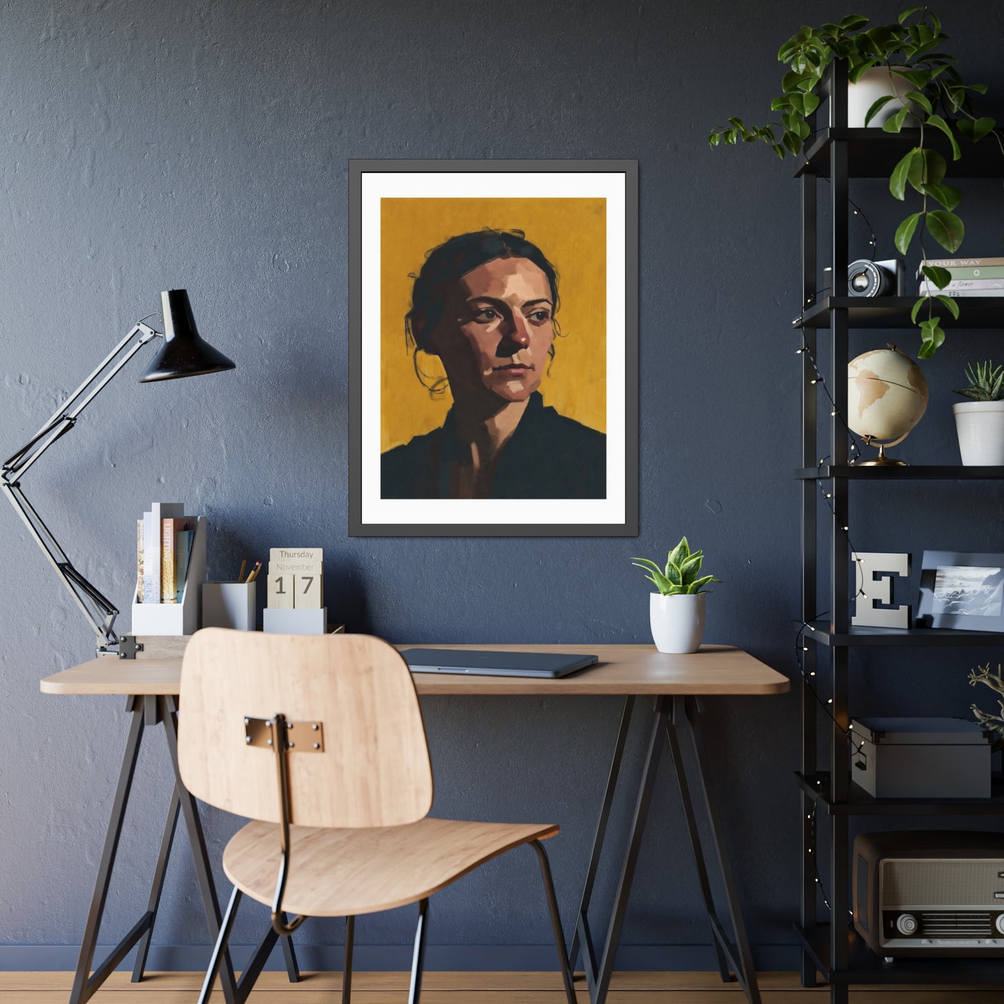 Framed Portrait Poster — Modern Painted Portrait on Mustard Background