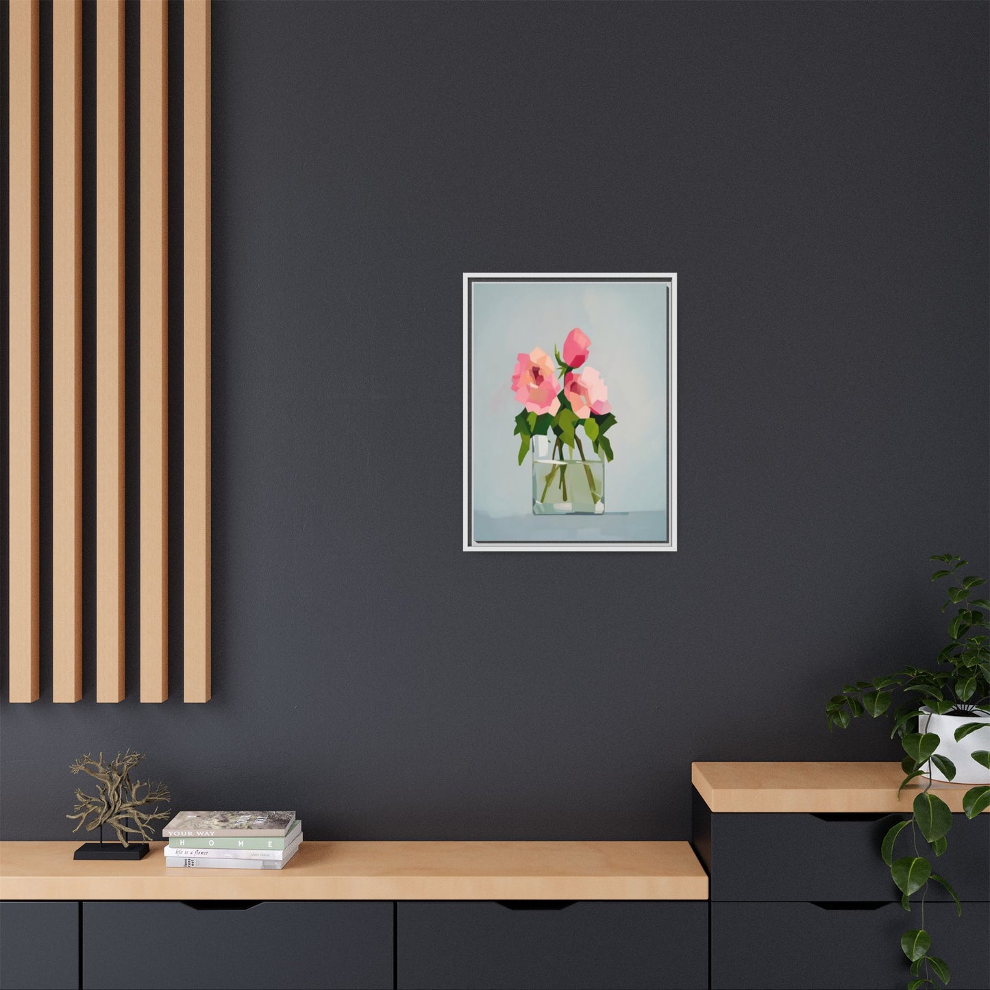 Framed Floral Canvas Print — Pink Roses in Glass Vase (Matte)
