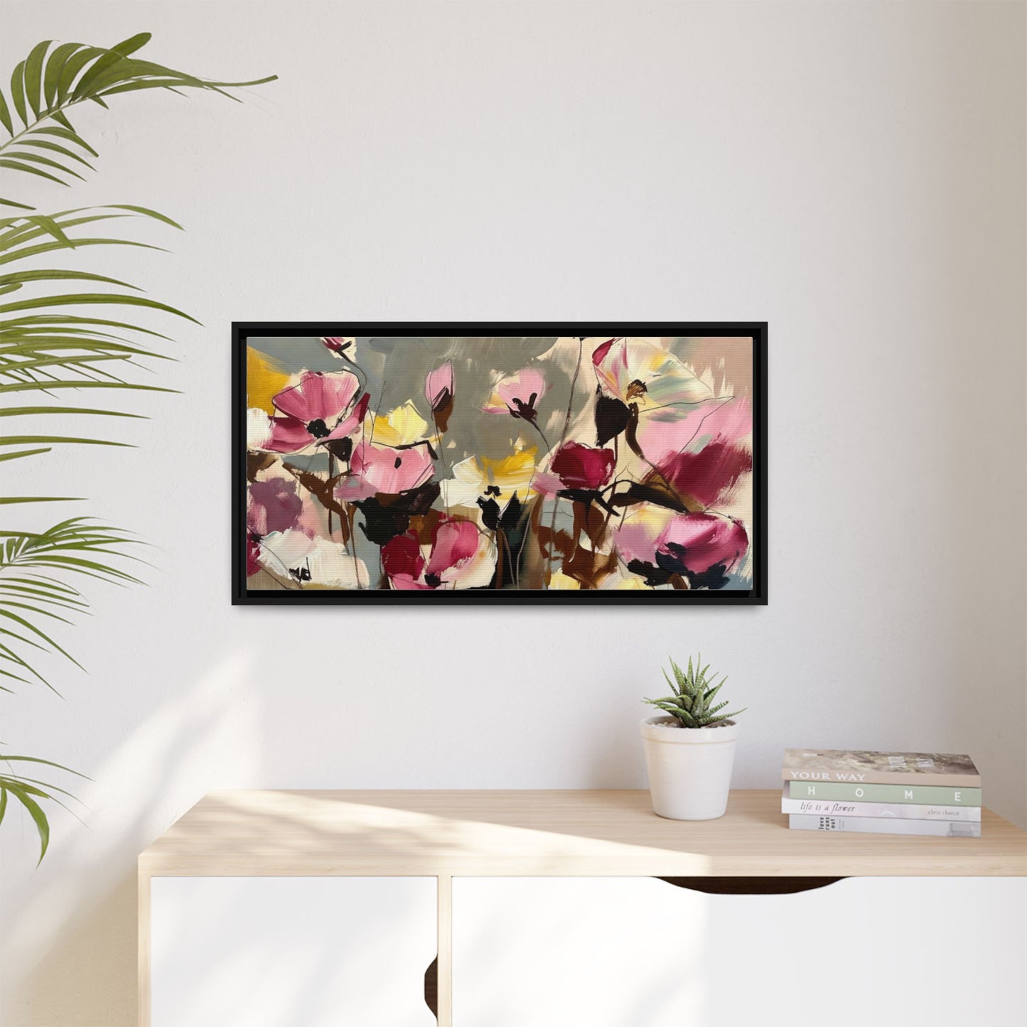 Framed Floral Canvas Wall Art — Abstract Pink & Yellow Flowers