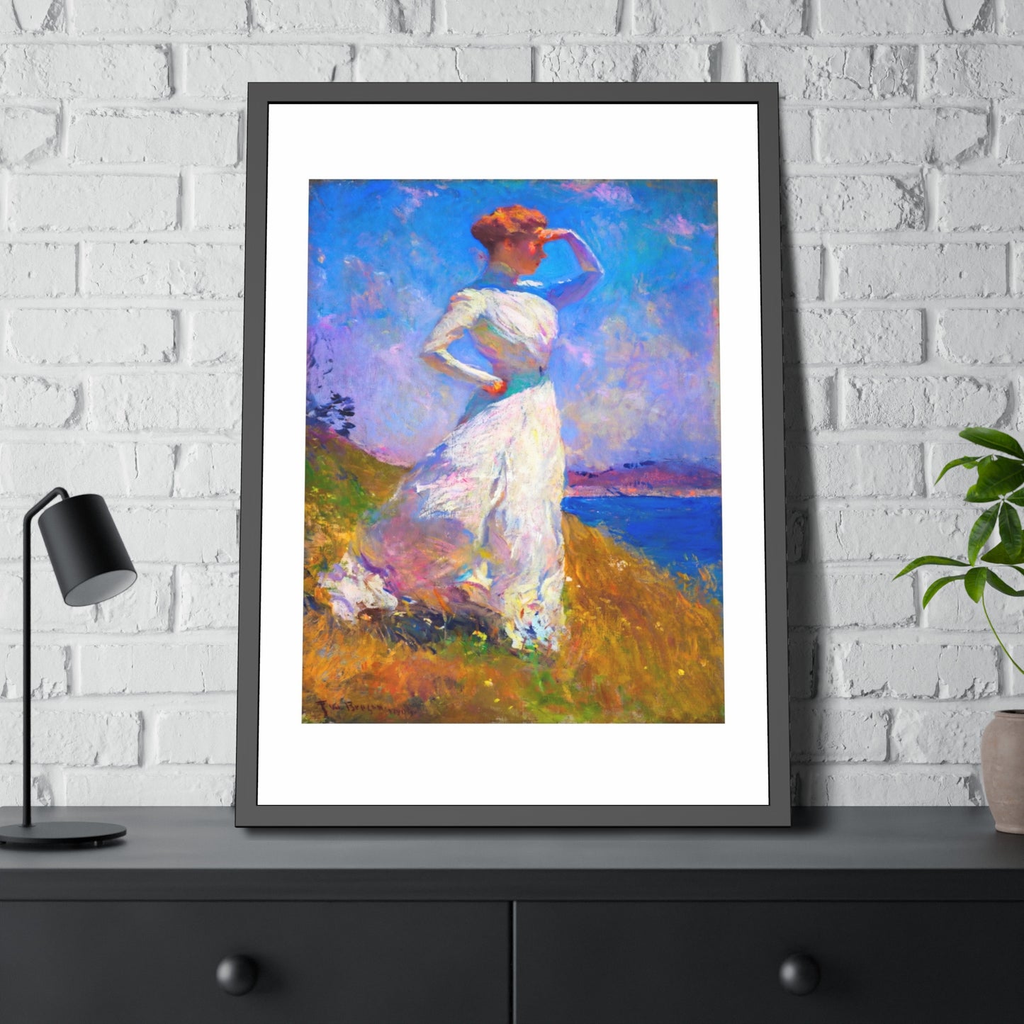 Coastal Impressionist Framed Poster — Woman in White Seaside Art Print